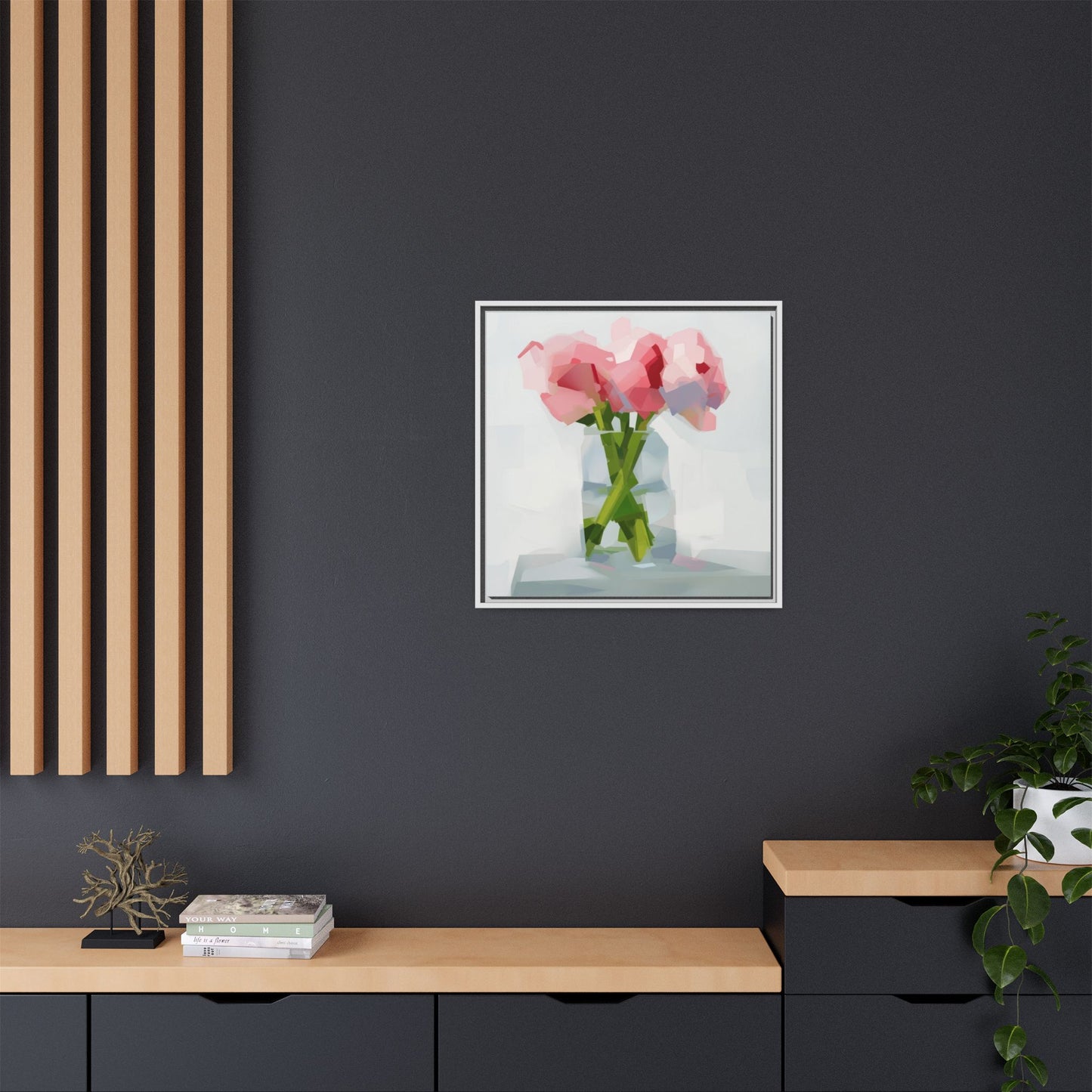 Framed Floral Canvas Art — Pink Peonies in Vase (Matte)