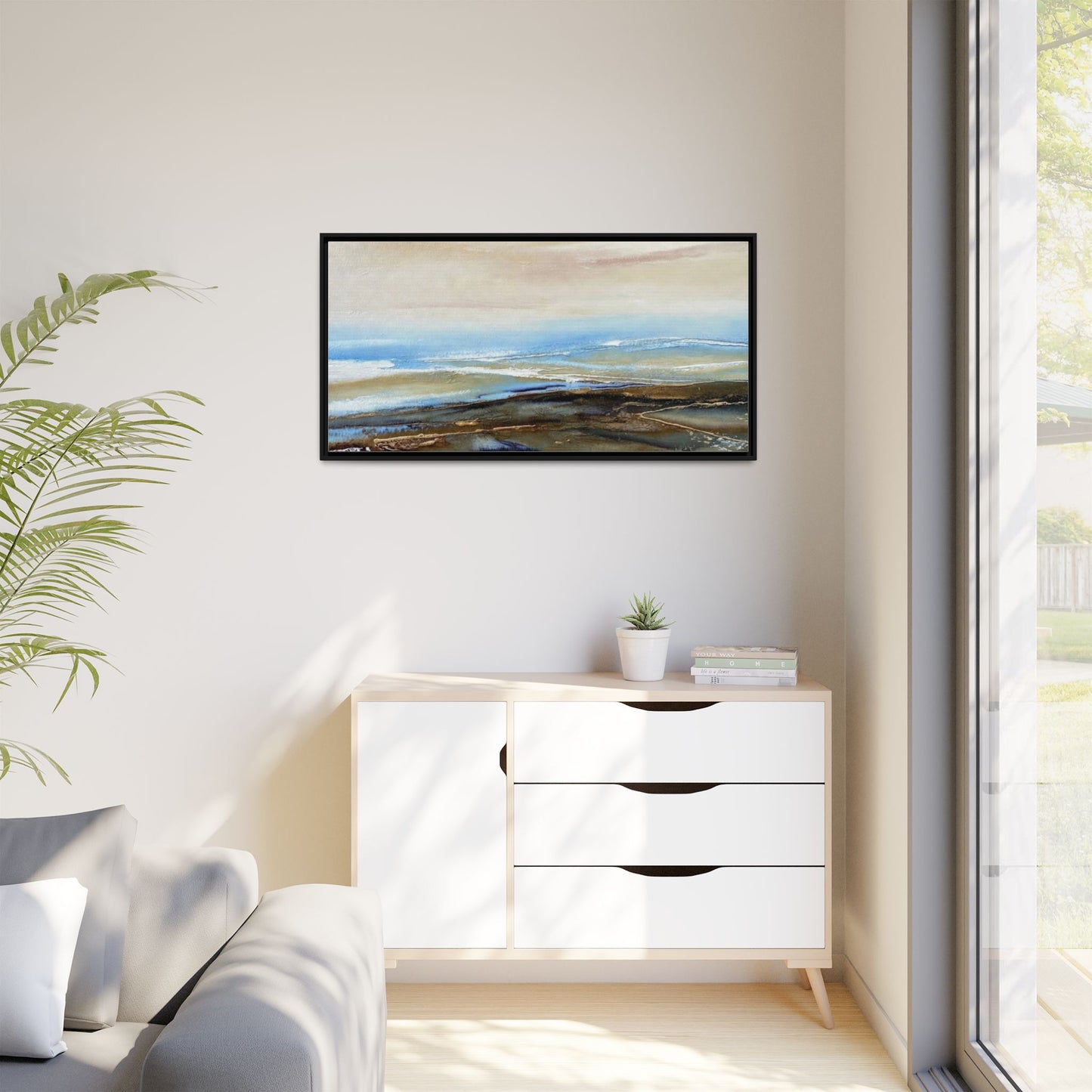 Framed Abstract Seascape Matte Canvas — Coastal Blue & Earth Tone Wall Art