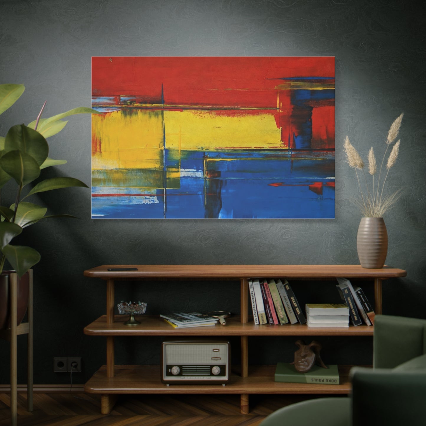 Abstract Color Block Matte Canvas Wall Art — Red, Yellow & Blue Stretched Canvas