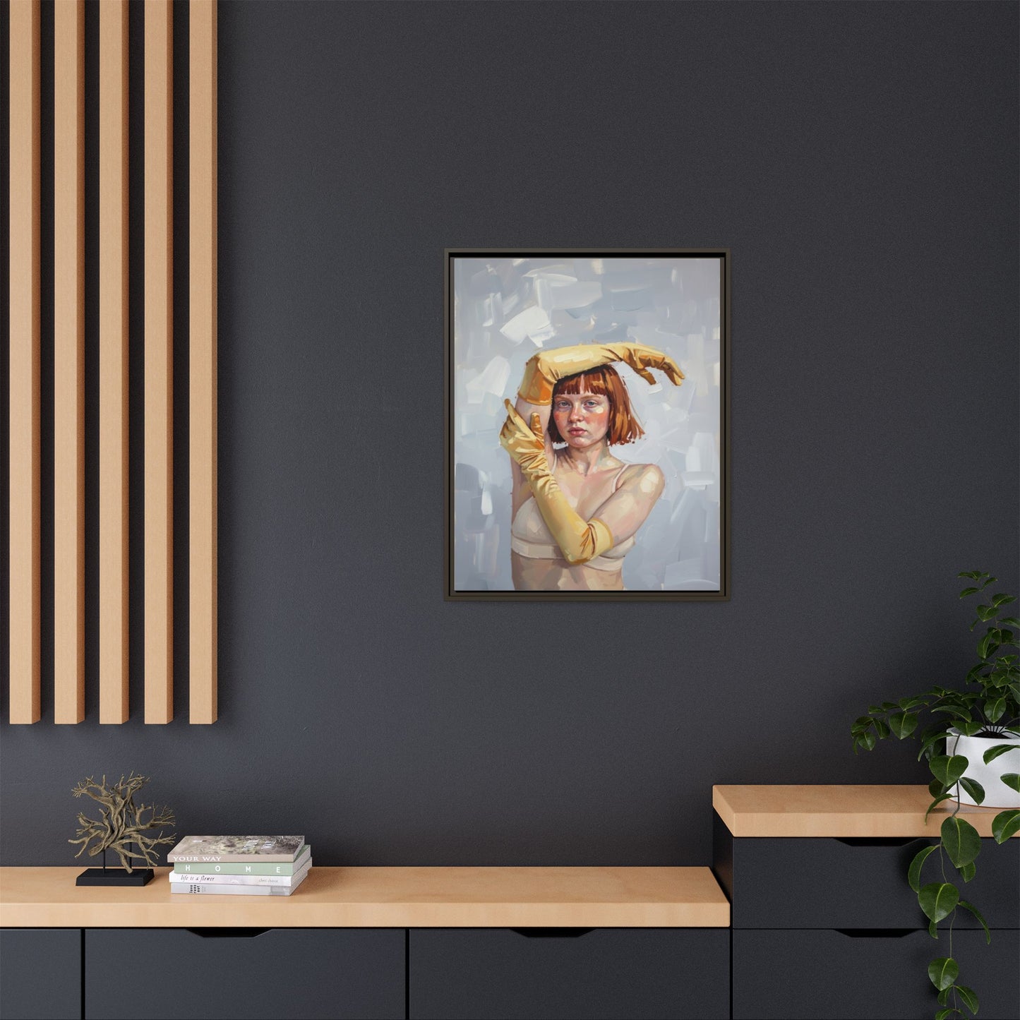 Contemporary Portrait Canvas Print — Woman with Yellow Gloves (Framed Matte)