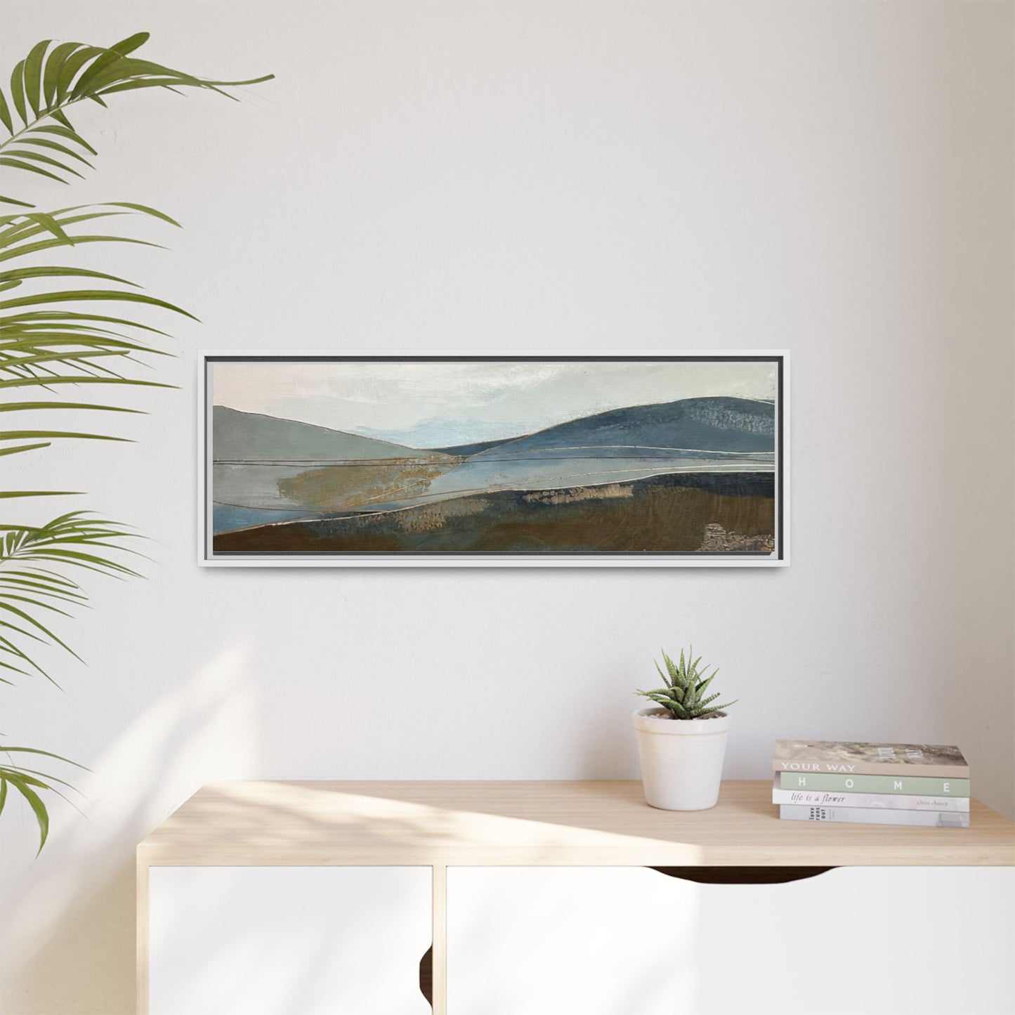 Framed Matte Canvas Landscape Art - Serene Abstract Hills in Blue & Earth Tones