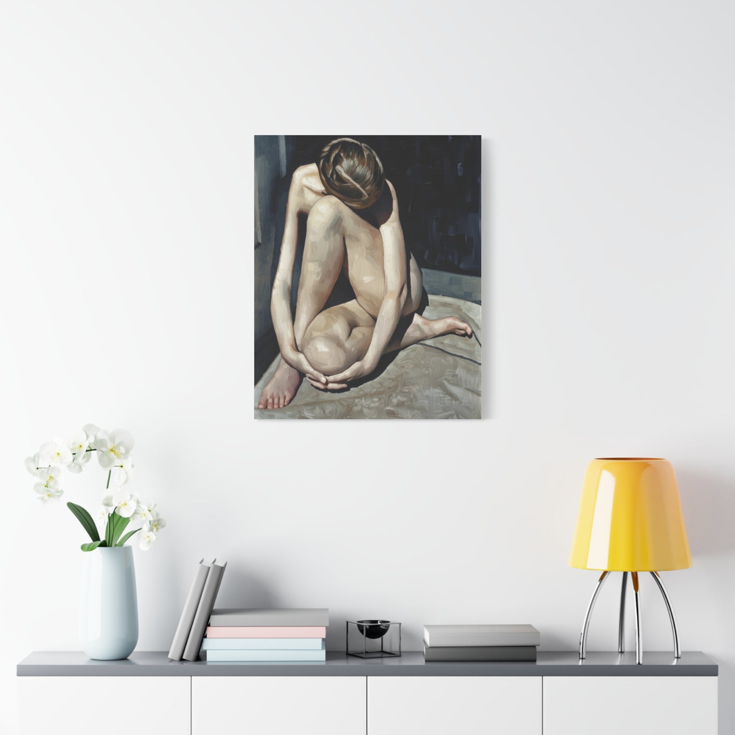 Figurative Nude Art Canvas Print — Contemplative Female Figure Matte Stretched