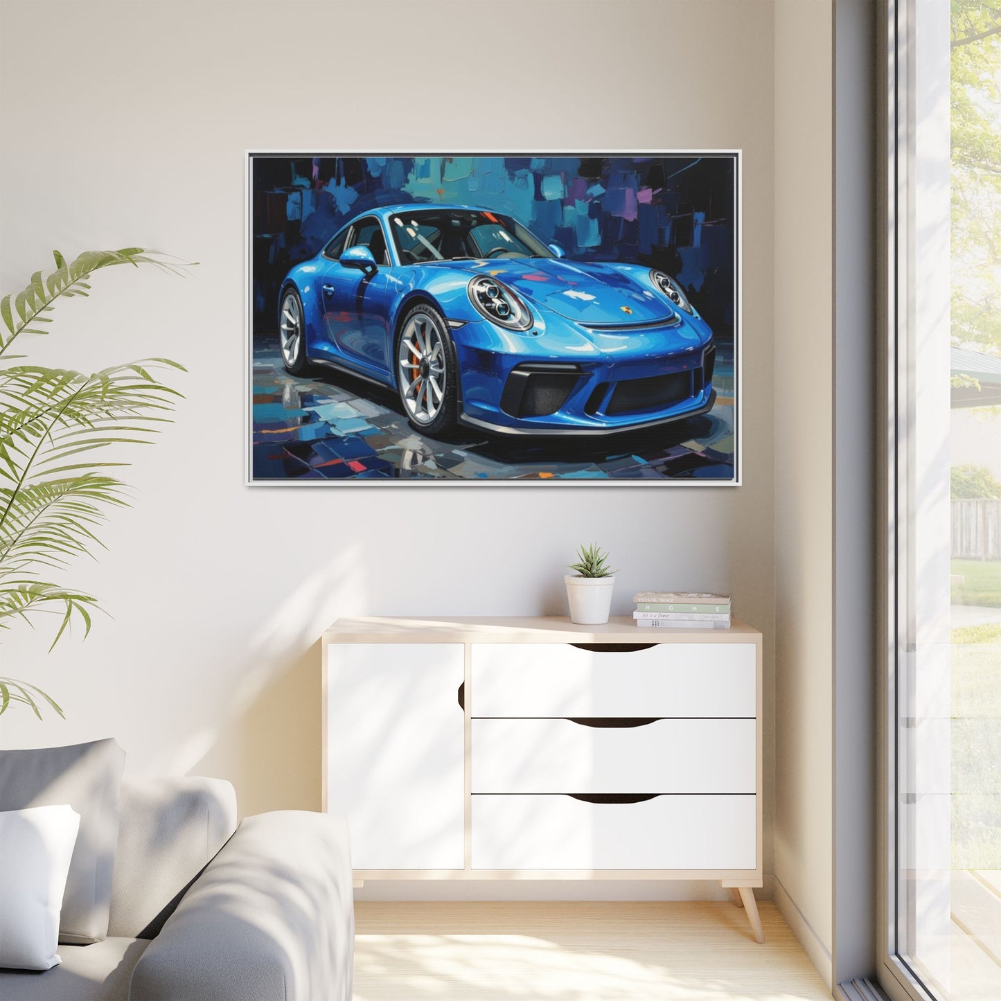 Blue Sports Car Matte Canvas Framed Print — Modern Automotive Wall Art