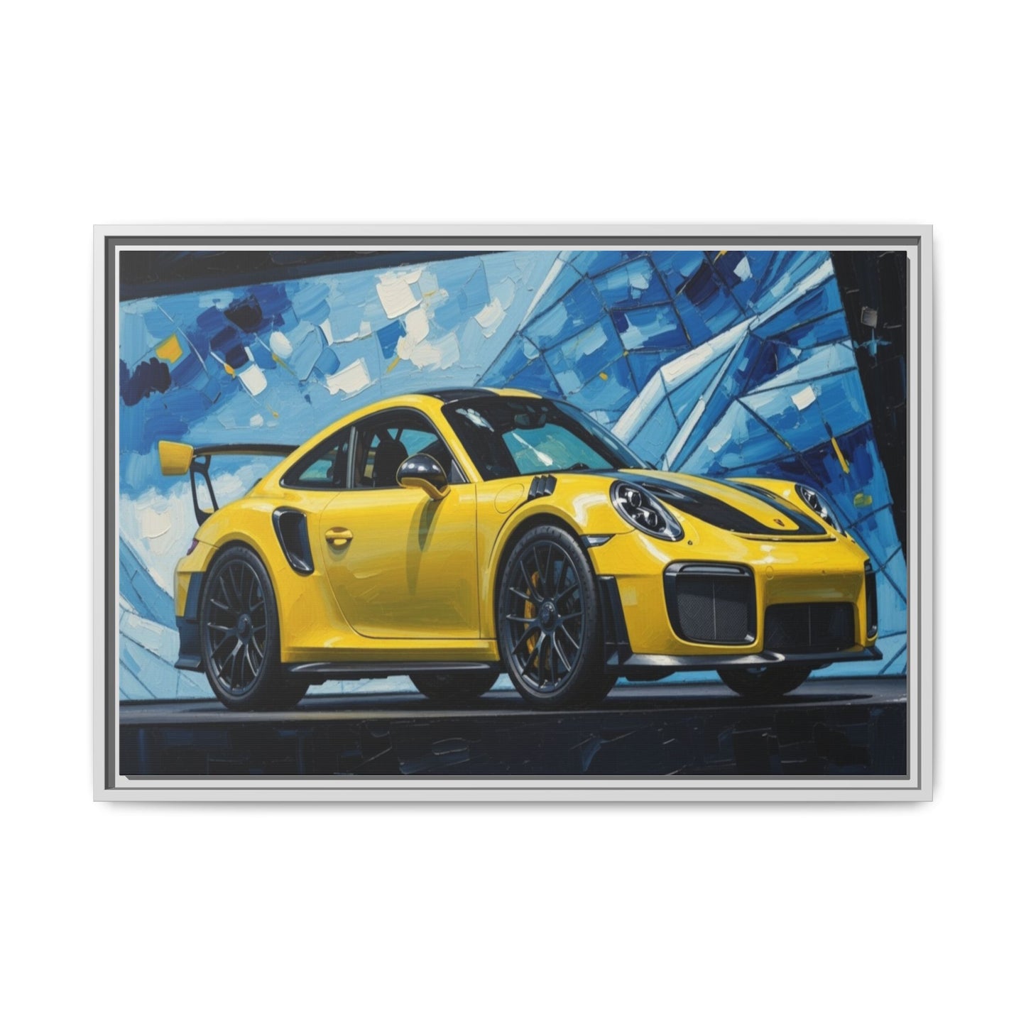 Yellow Porsche Sports Car Matte Framed Canvas – Modern Automotive Wall Art