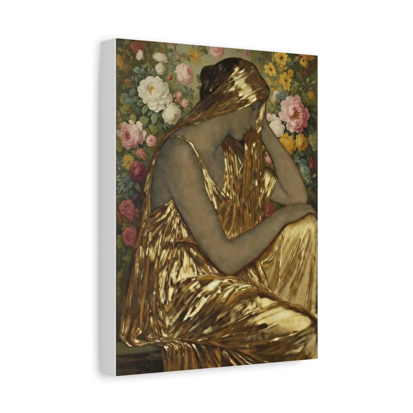 Golden Muse Canvas Print — Woman in Gold Floral Art (Stretched Matte)