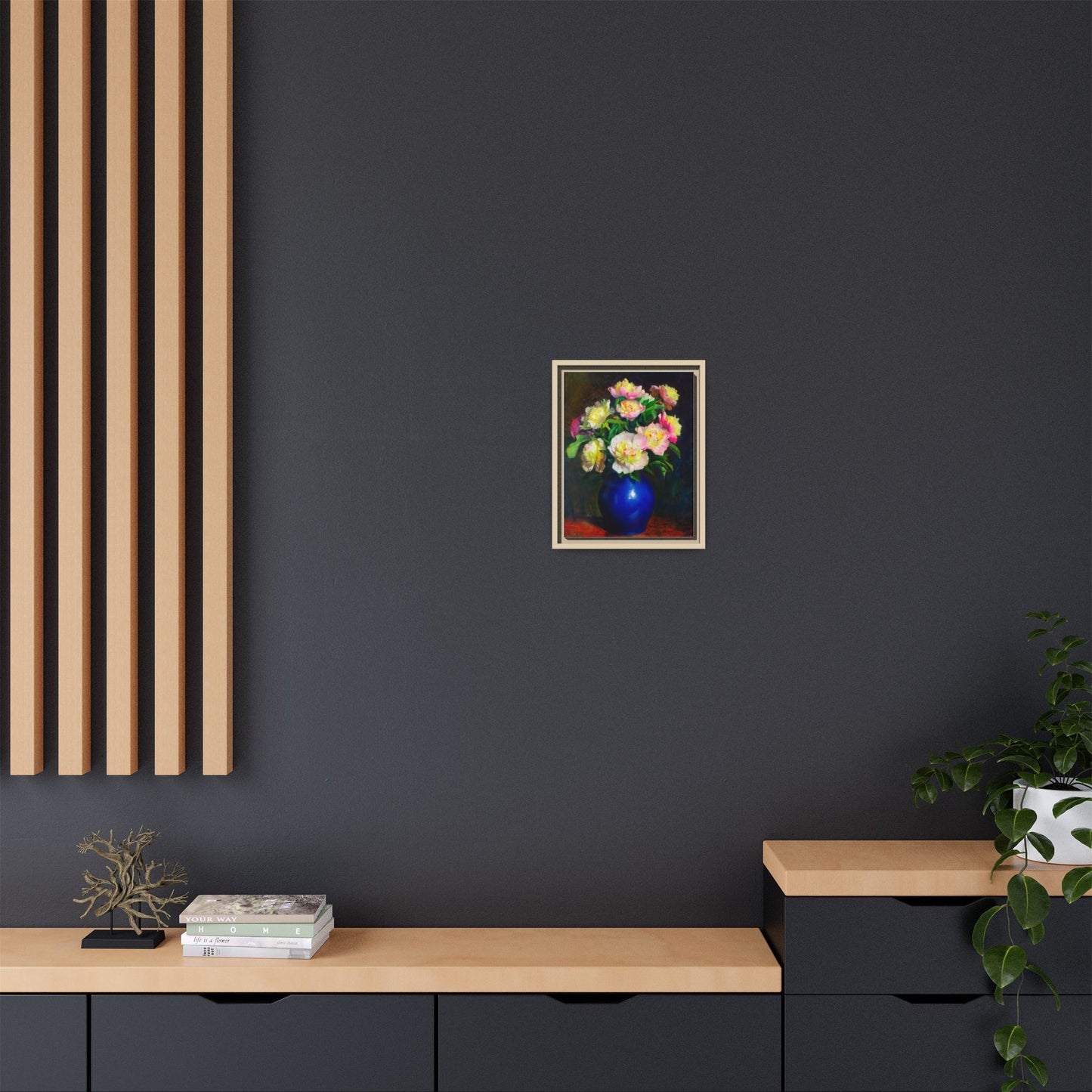 Framed Matte Canvas Wall Art — Vintage Floral Bouquet in Blue Vase