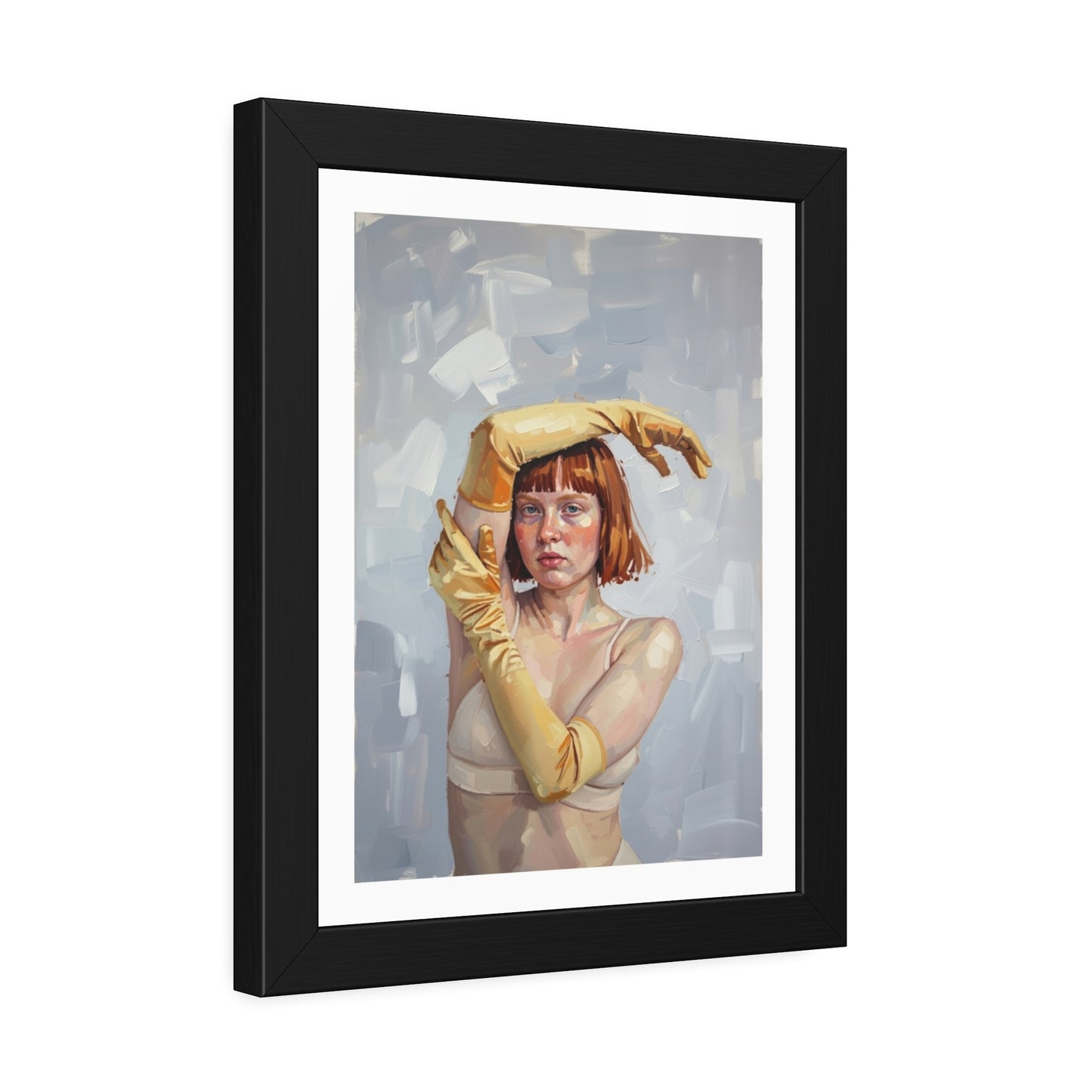 Framed Art Print — Portrait of Woman in Yellow Gloves (Modern Figurative Wall Art)