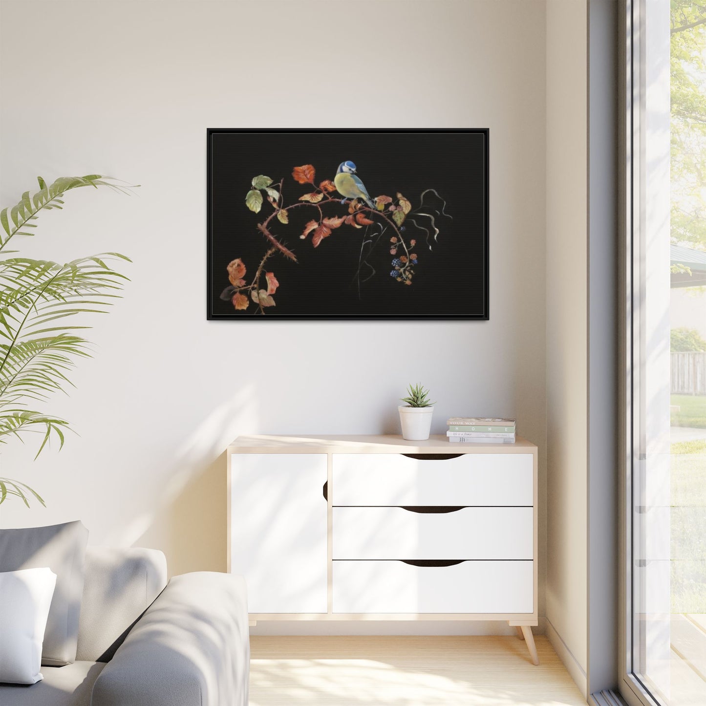 Framed Matte Canvas - Blue Tit on Autumn Branch Wall Art
