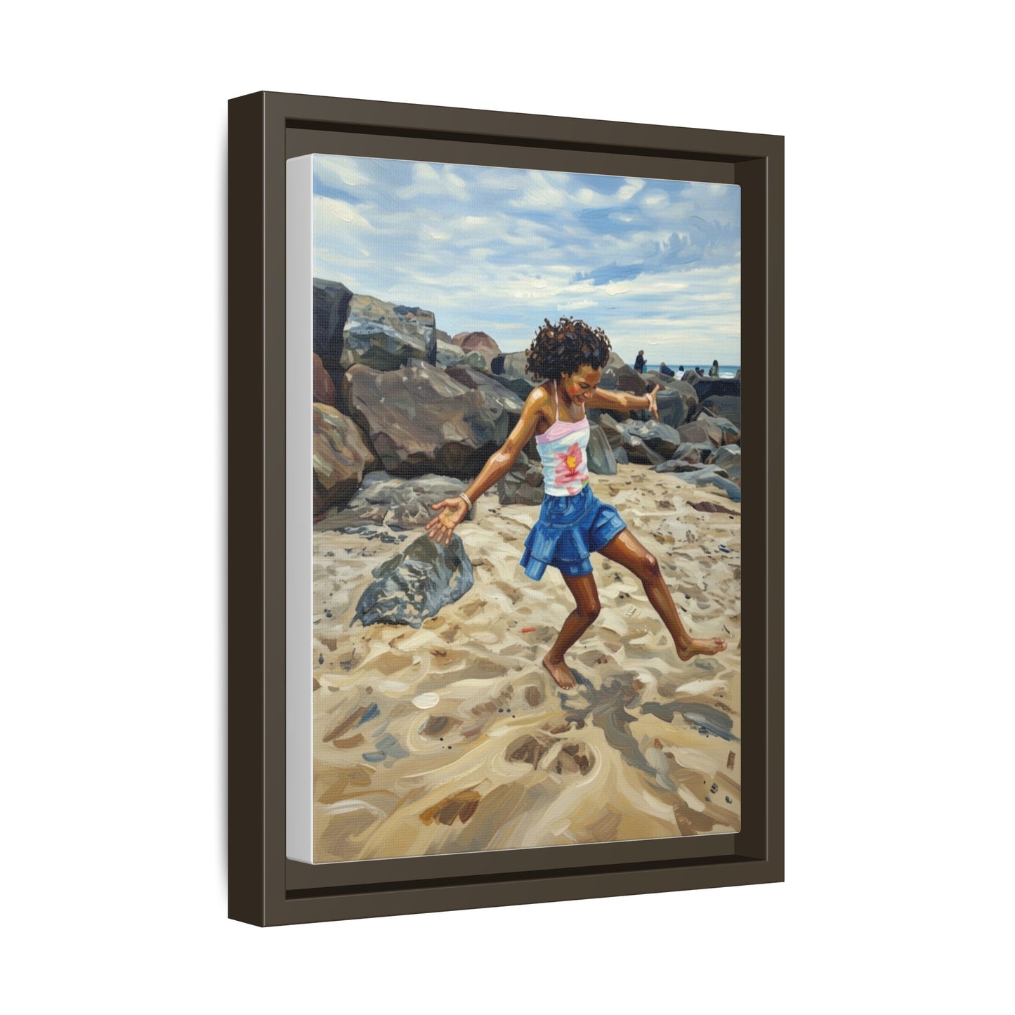 Framed Canvas Art - Girl Dancing on the Beach (Matte Multi-Color)