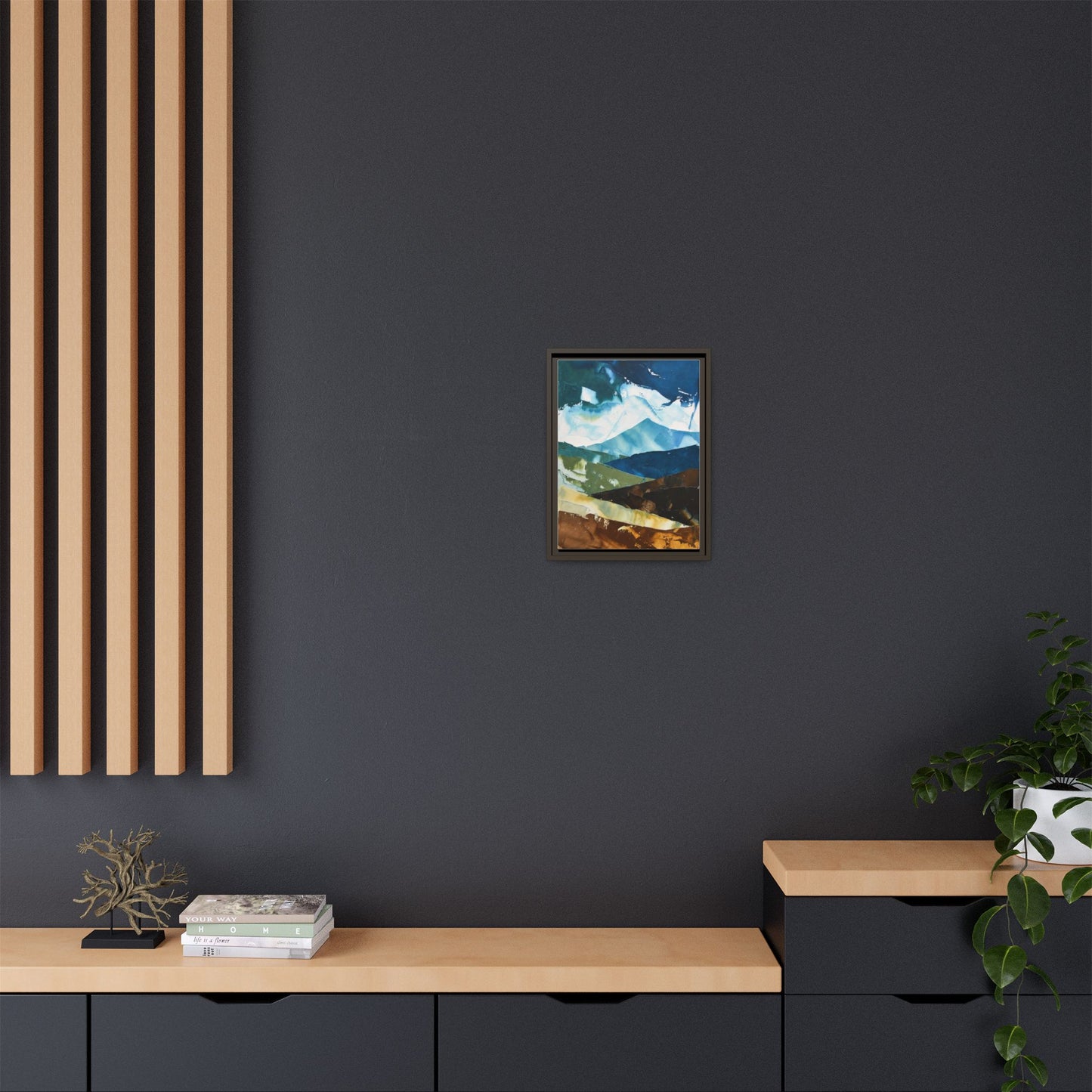 Framed Abstract Mountain Canvas Art — Blue & Earthtone Landscape Print