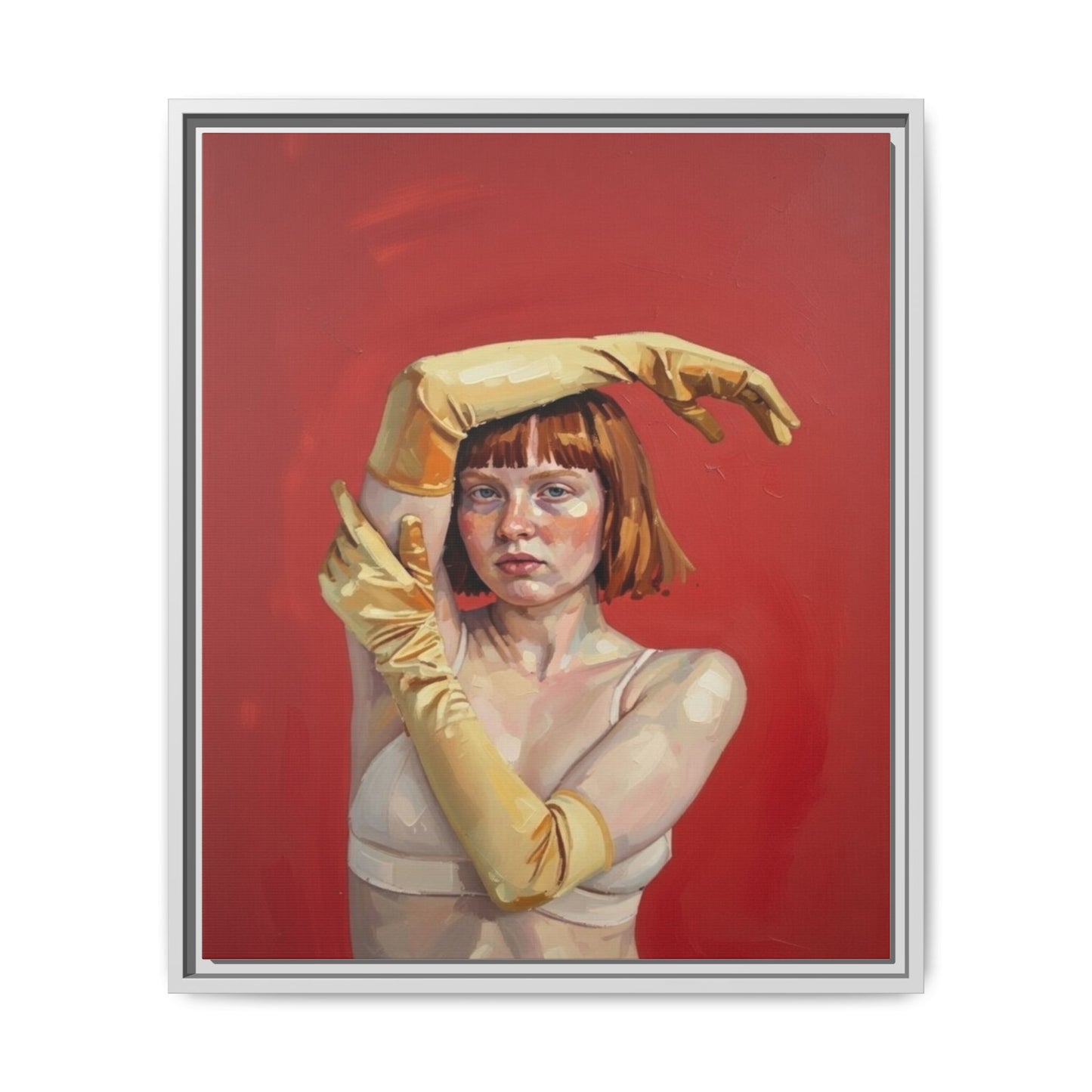 Framed Matte Canvas Art - Portrait of Woman in Yellow Gloves (Red Background)