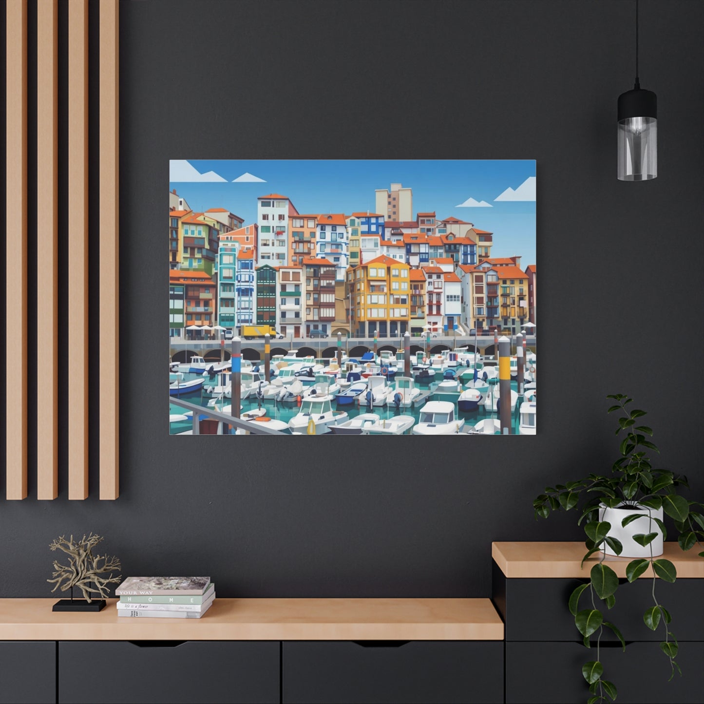 Colorful Coastal Harbor Matte Canvas Print — Stretched Wall Art