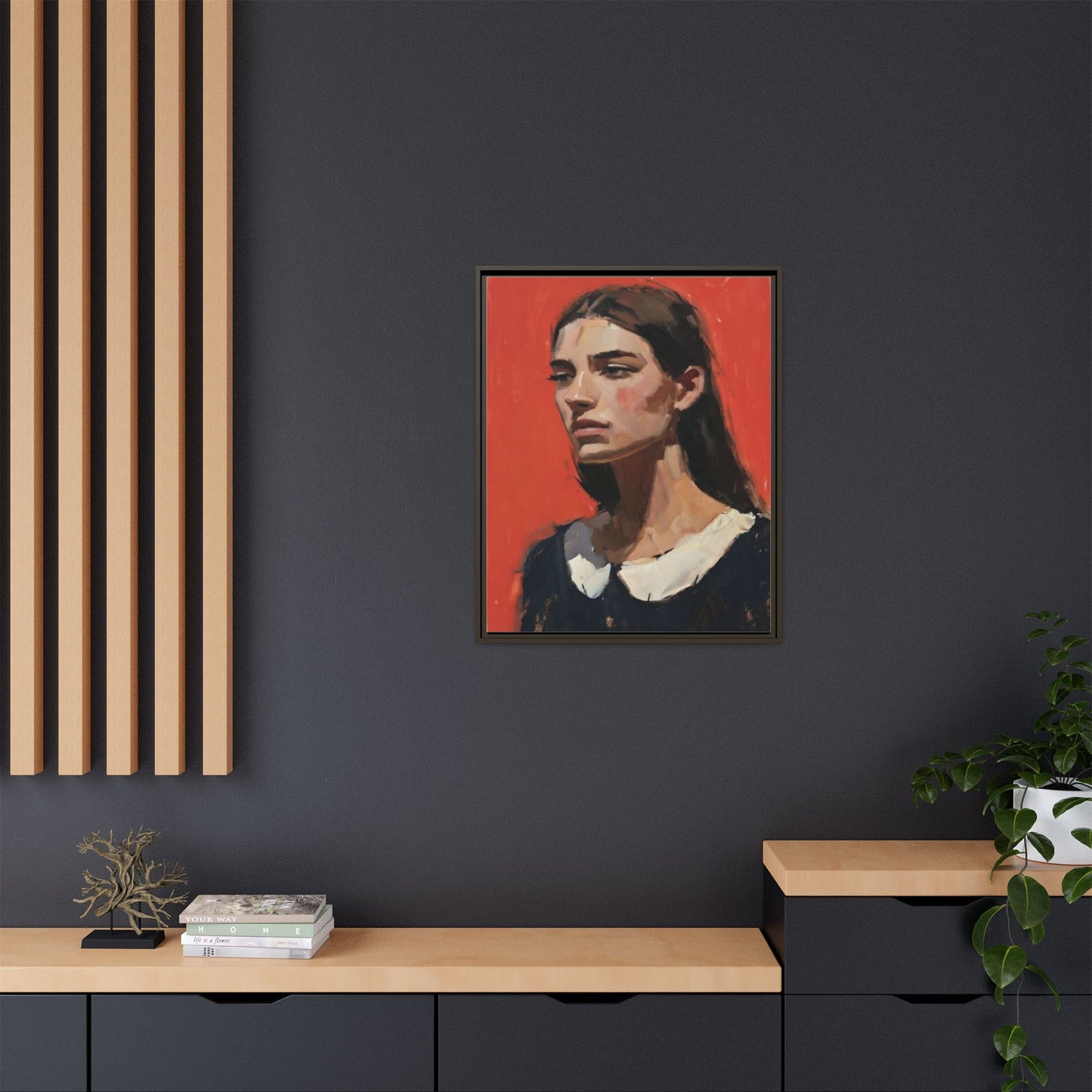 Framed Matte Canvas Portrait Print — Moody Red Figurative Art