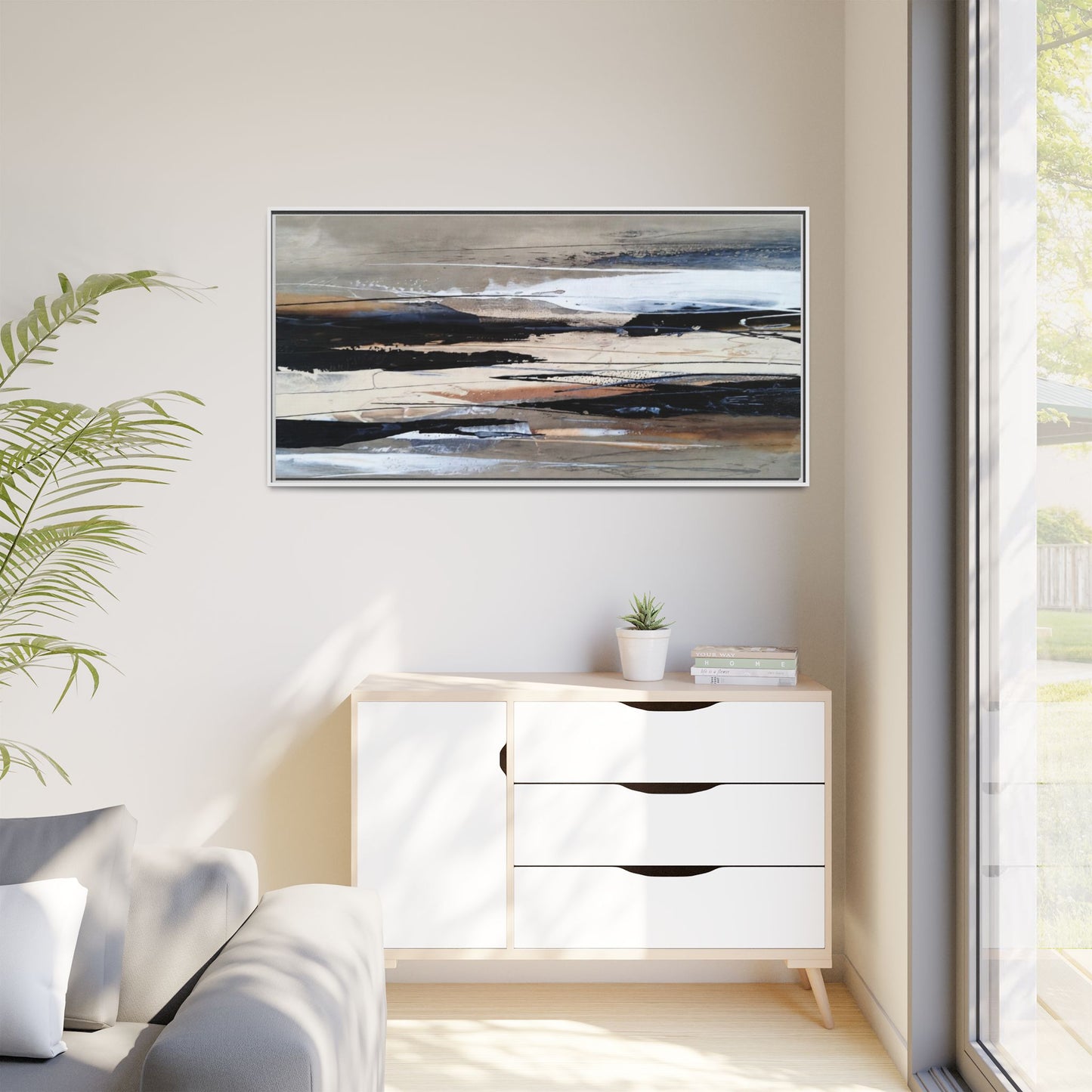 Abstract Seascape Matte Canvas Framed Wall Art — Neutral Coastal Landscape