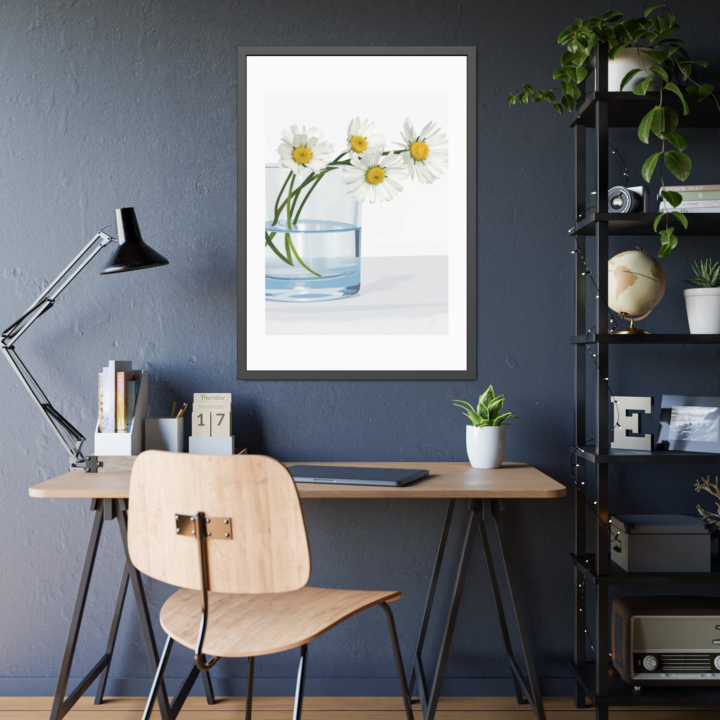 Framed Poster — Daisies in Glass Vase Wall Art, Minimal Botanical Print for Living Room
