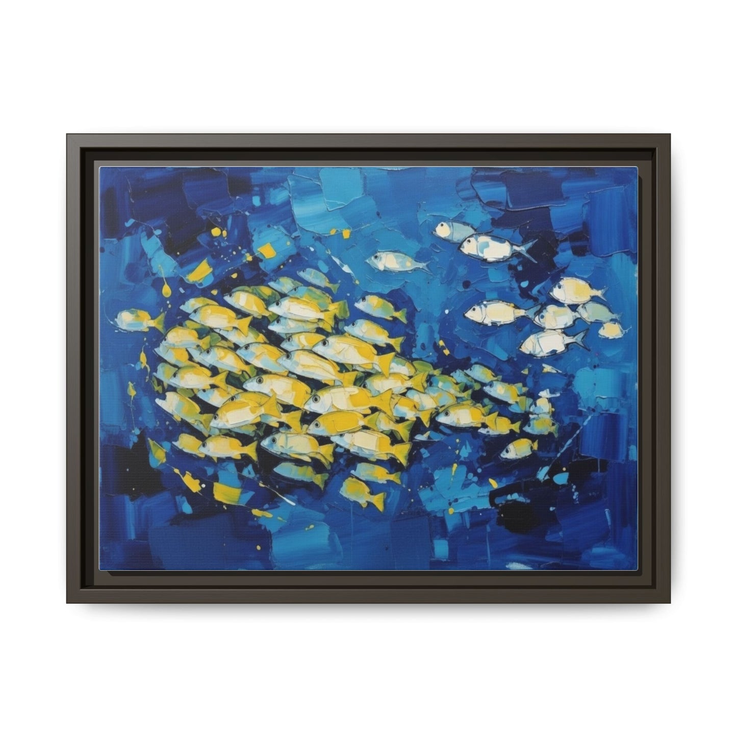 Framed Matte Canvas: Blue School of Fish Wall Art