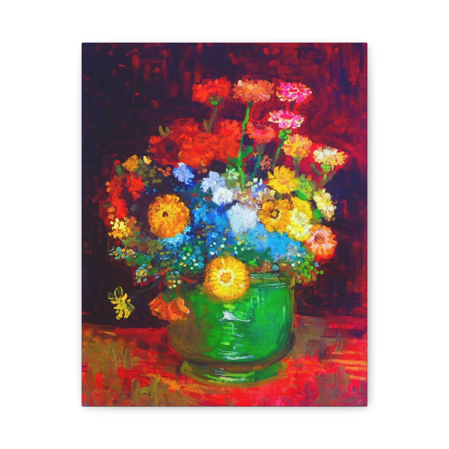 Floral Still Life Canvas Print — Vibrant Bouquet in Green Vase