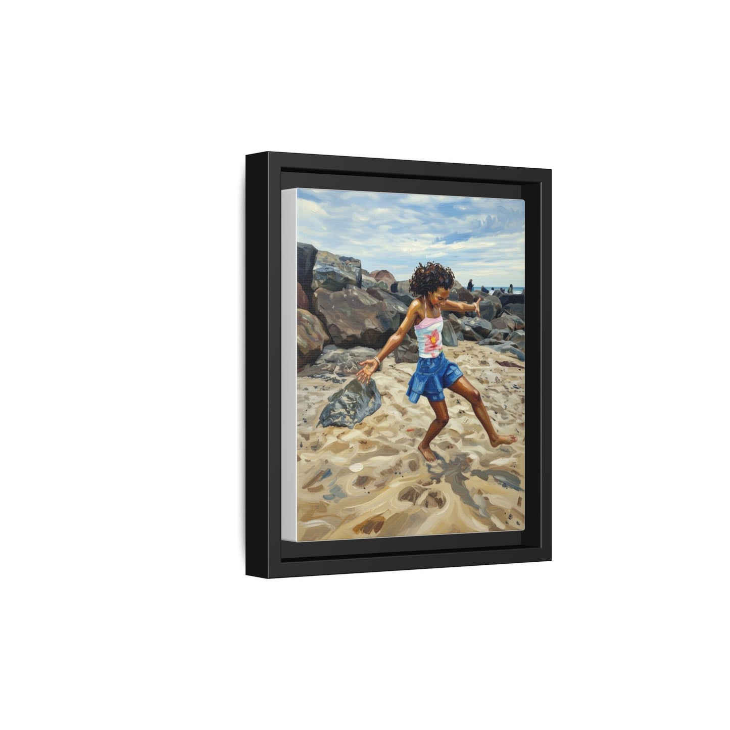Framed Canvas Art - Girl Dancing on the Beach (Matte Multi-Color)