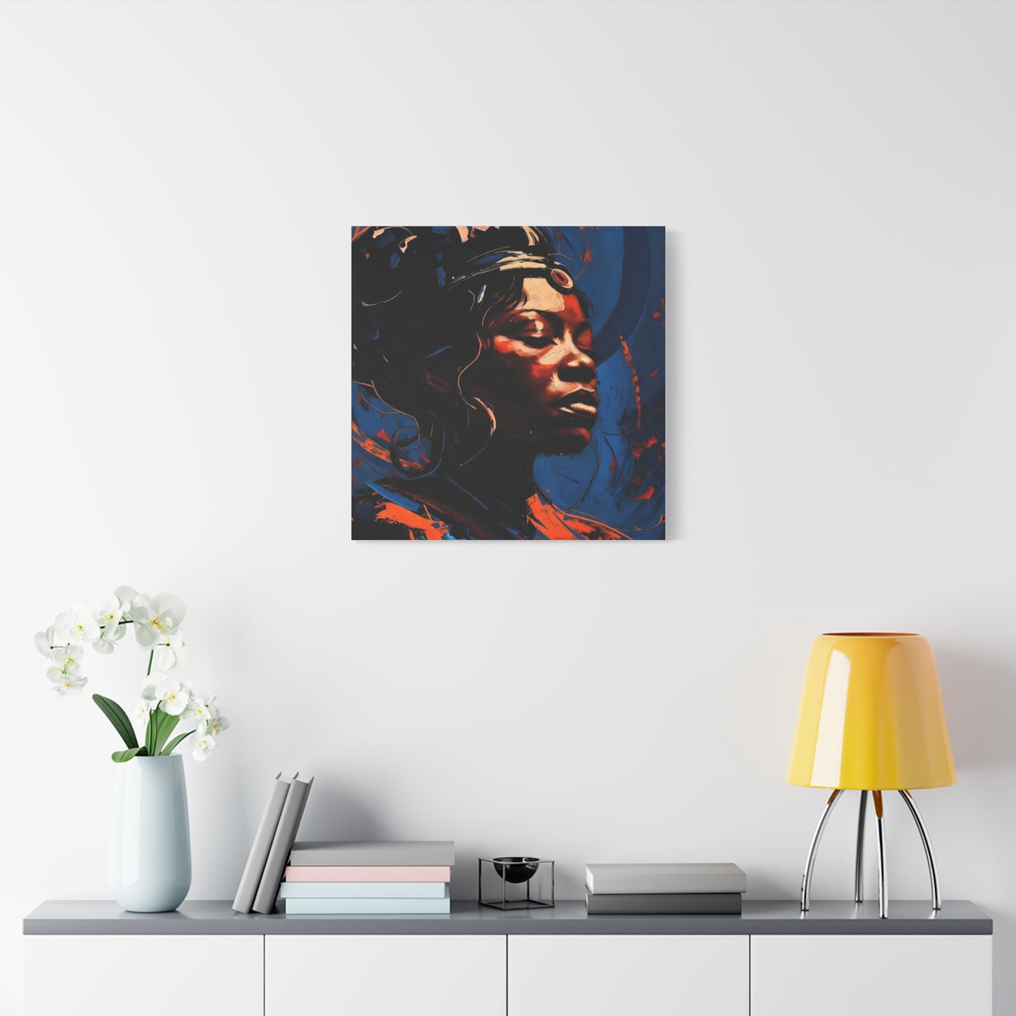 Regal Afrocentric Portrait Matte Canvas Art – Vibrant Blue & Orange Stretched Wall Decor