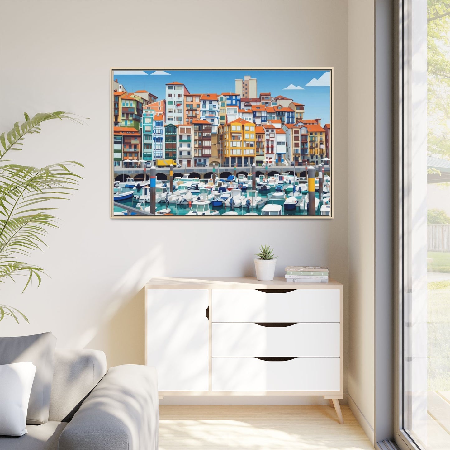 Framed Matte Canvas Print — Colorful Mediterranean Harbor Illustration