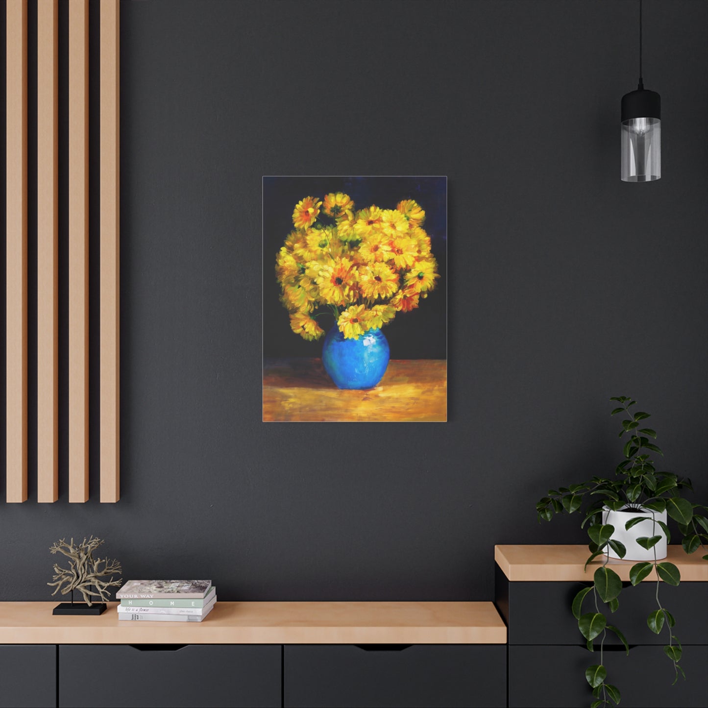 Yellow Chrysanthemum Canvas Wall Art — Blue Vase Floral Painting (Stretched Matte)