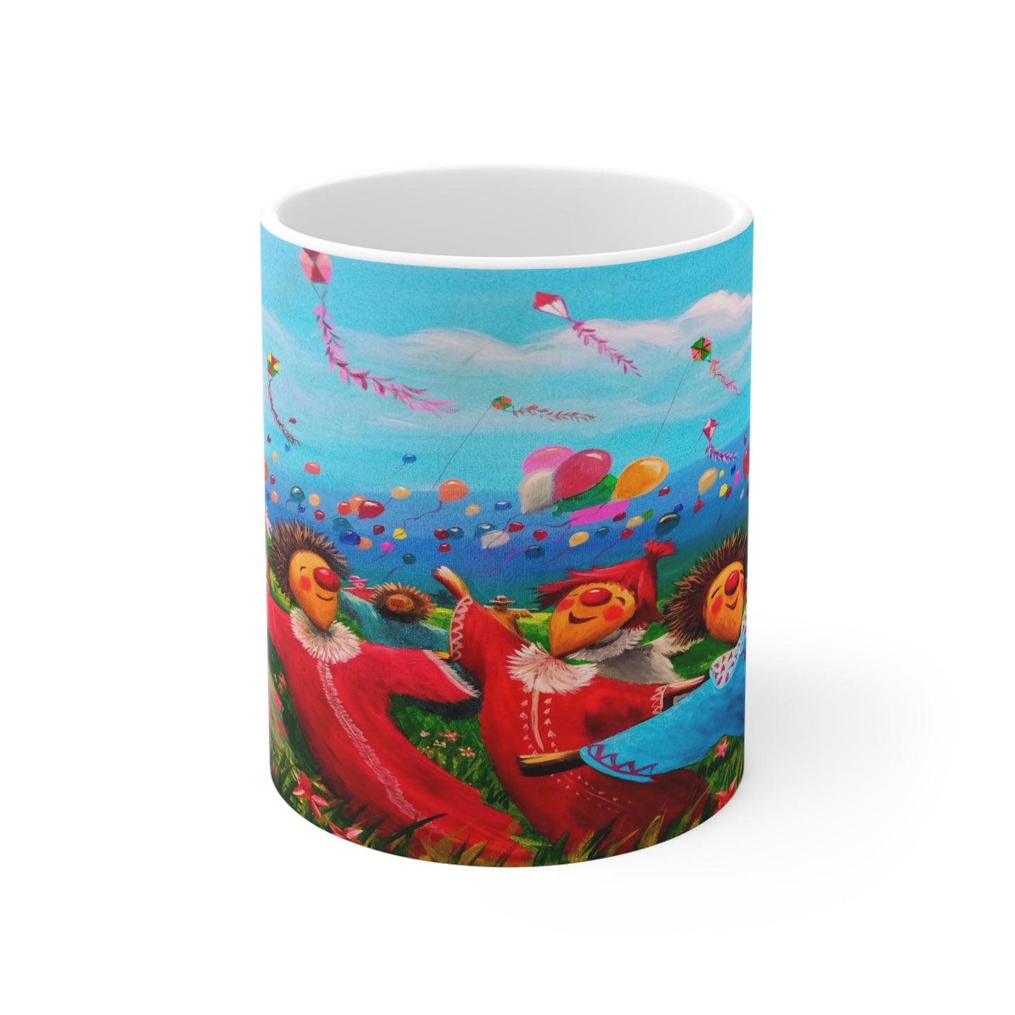 11oz Mug — Colorful Folk Art Kids Playing with Kites & Balloons Ceramic Coffee Cup