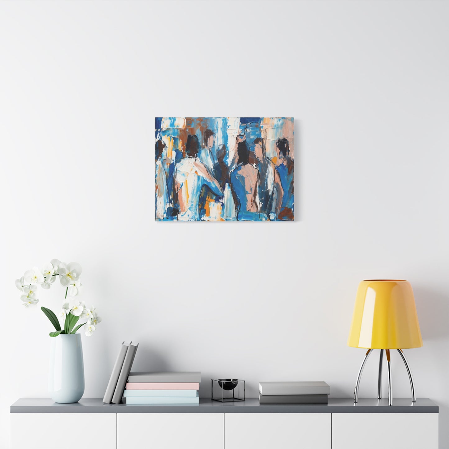 Abstract Figurative Canvas Art — Blue Social Scene Matte Stretched Canvas