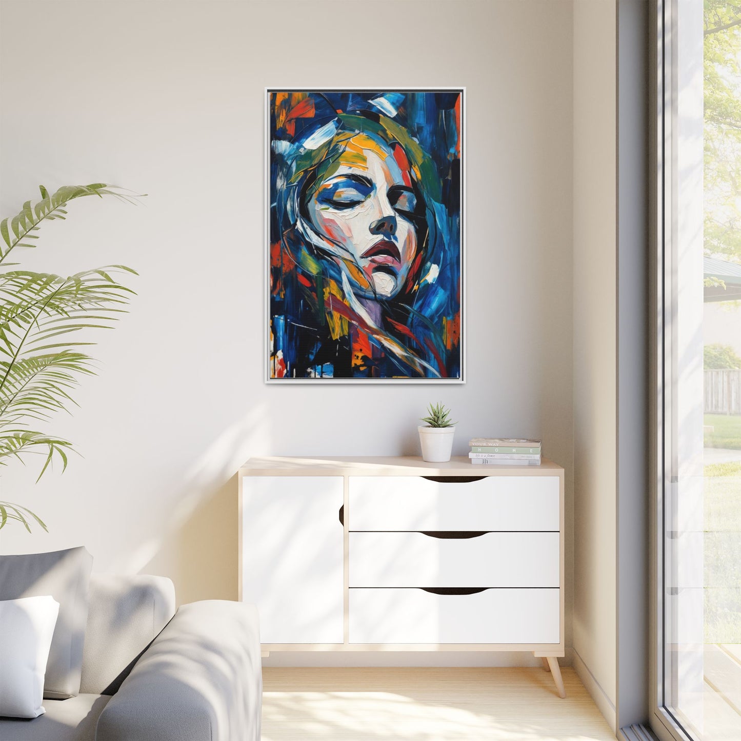 Abstract Colorful Woman Portrait — Framed Matte Canvas Wall Art