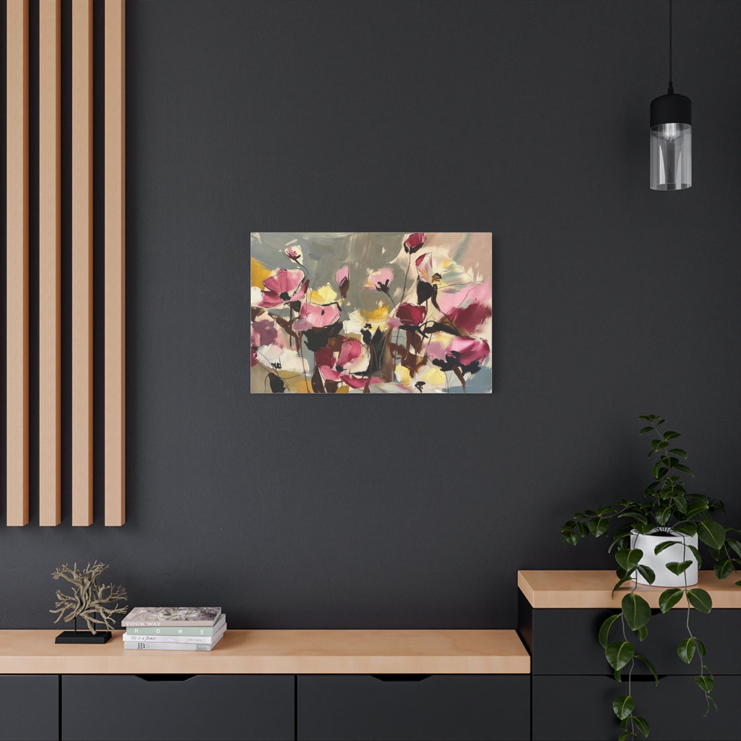 Floral Abstract Canvas Wall Art — Pink & Yellow Bloom Stretched Matte Print