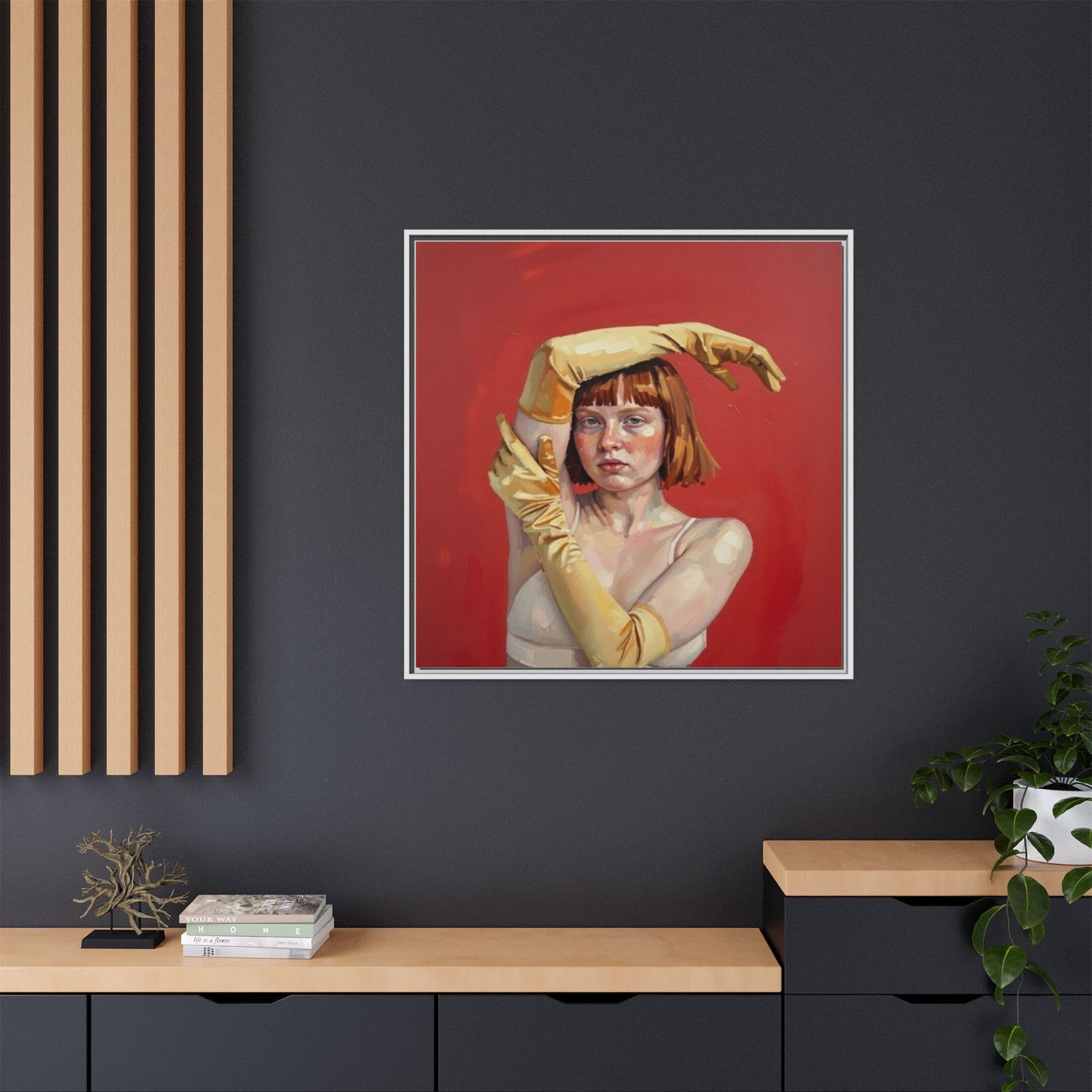 Framed Matte Canvas Art - Portrait of Woman in Yellow Gloves (Red Background)