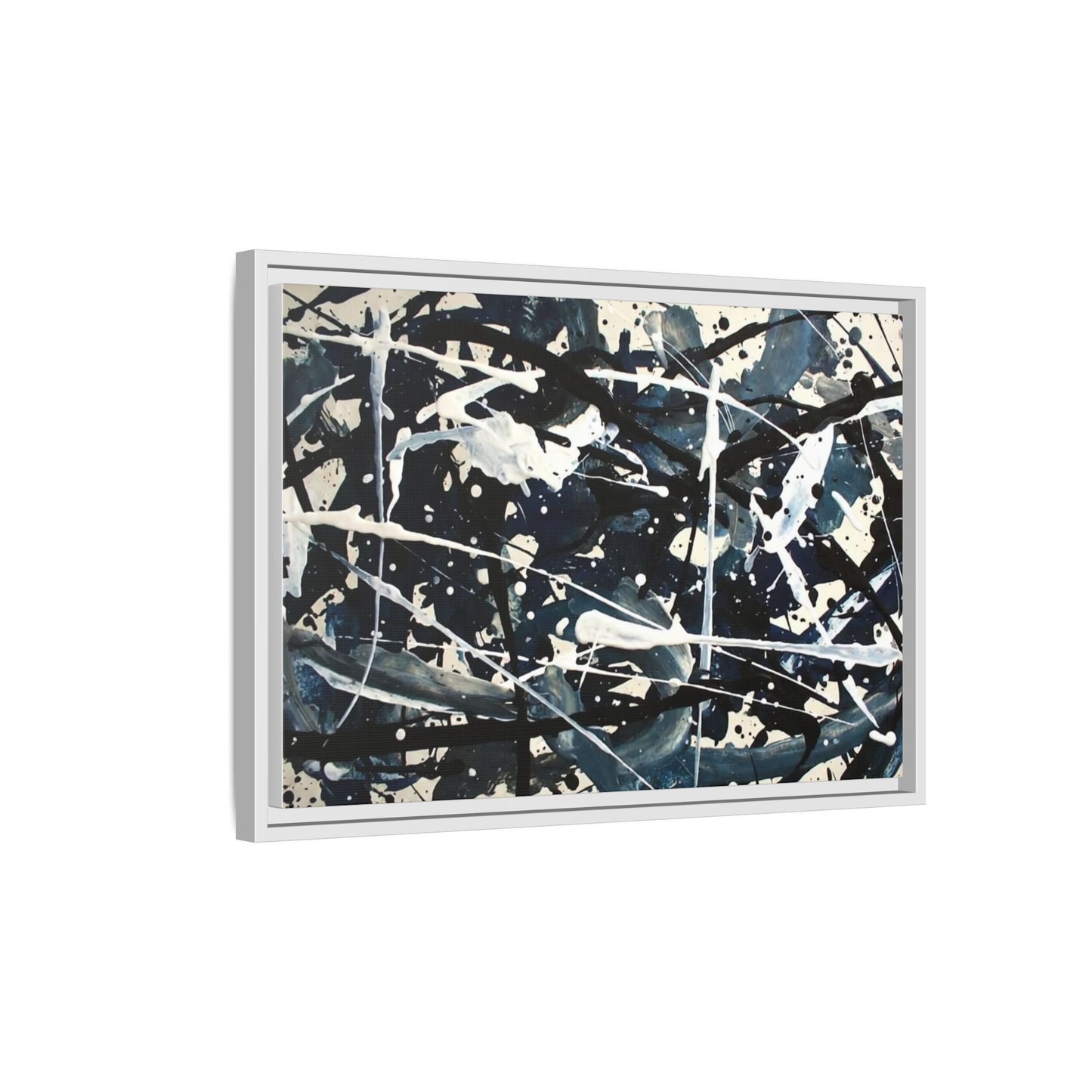 Abstract Splatter Matte Canvas Framed Wall Art — Black & Blue Modern Art Print