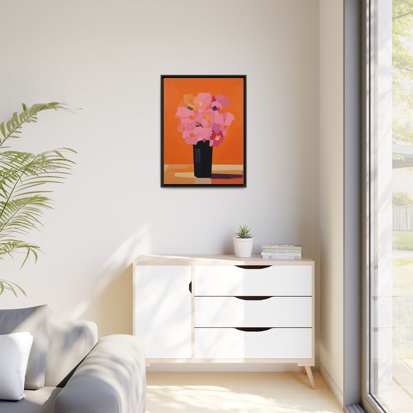 Framed Floral Canvas Art — Pink Bouquet on Orange Background