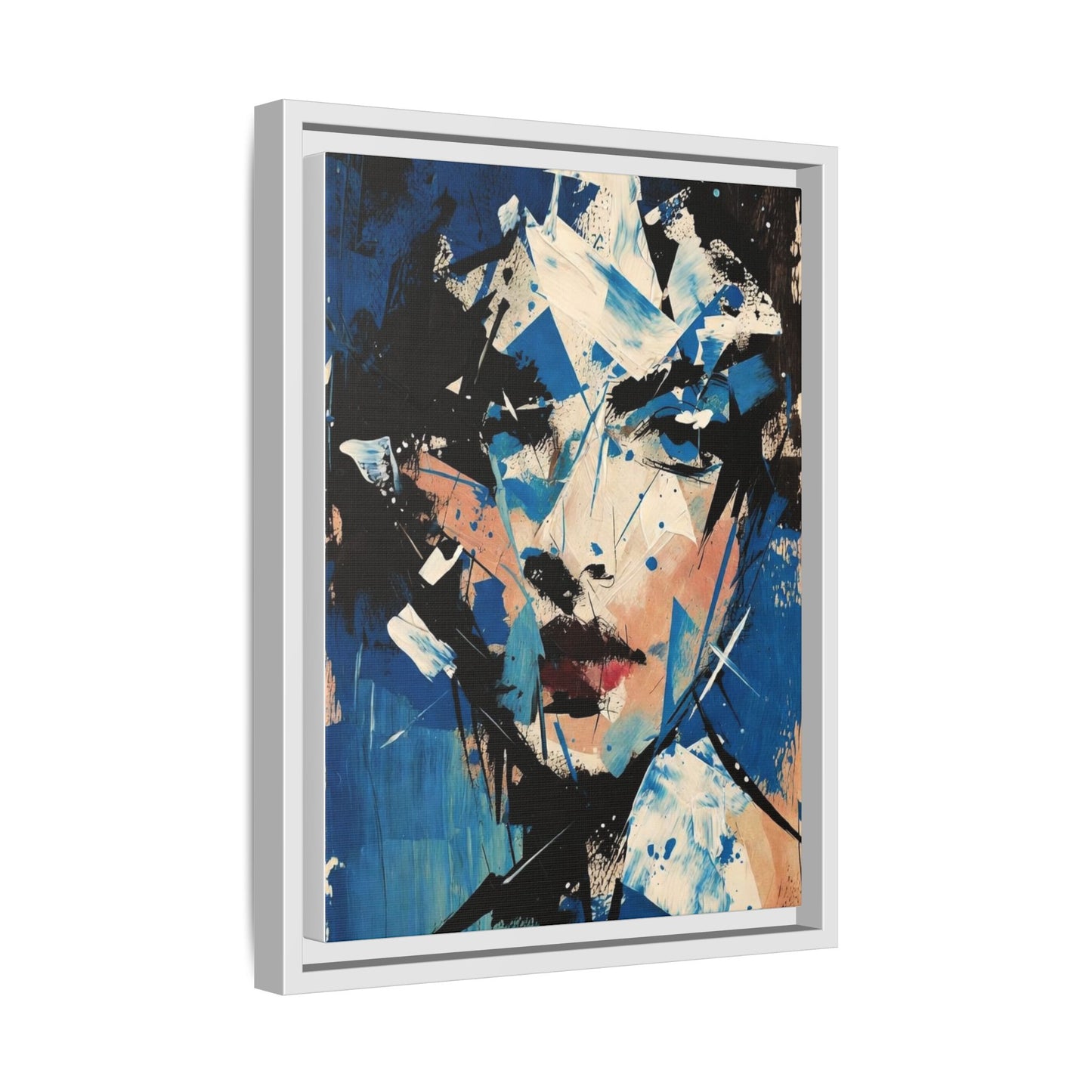 Abstract Portrait Matte Canvas Framed Wall Art — Blue Mixed-Media Face Print