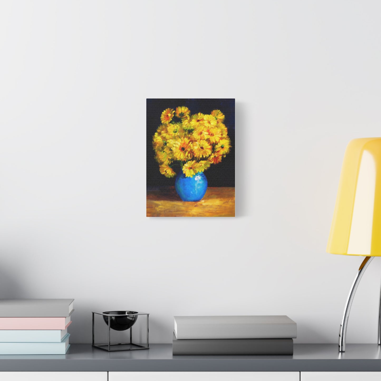 Yellow Chrysanthemum Canvas Wall Art — Blue Vase Floral Painting (Stretched Matte)