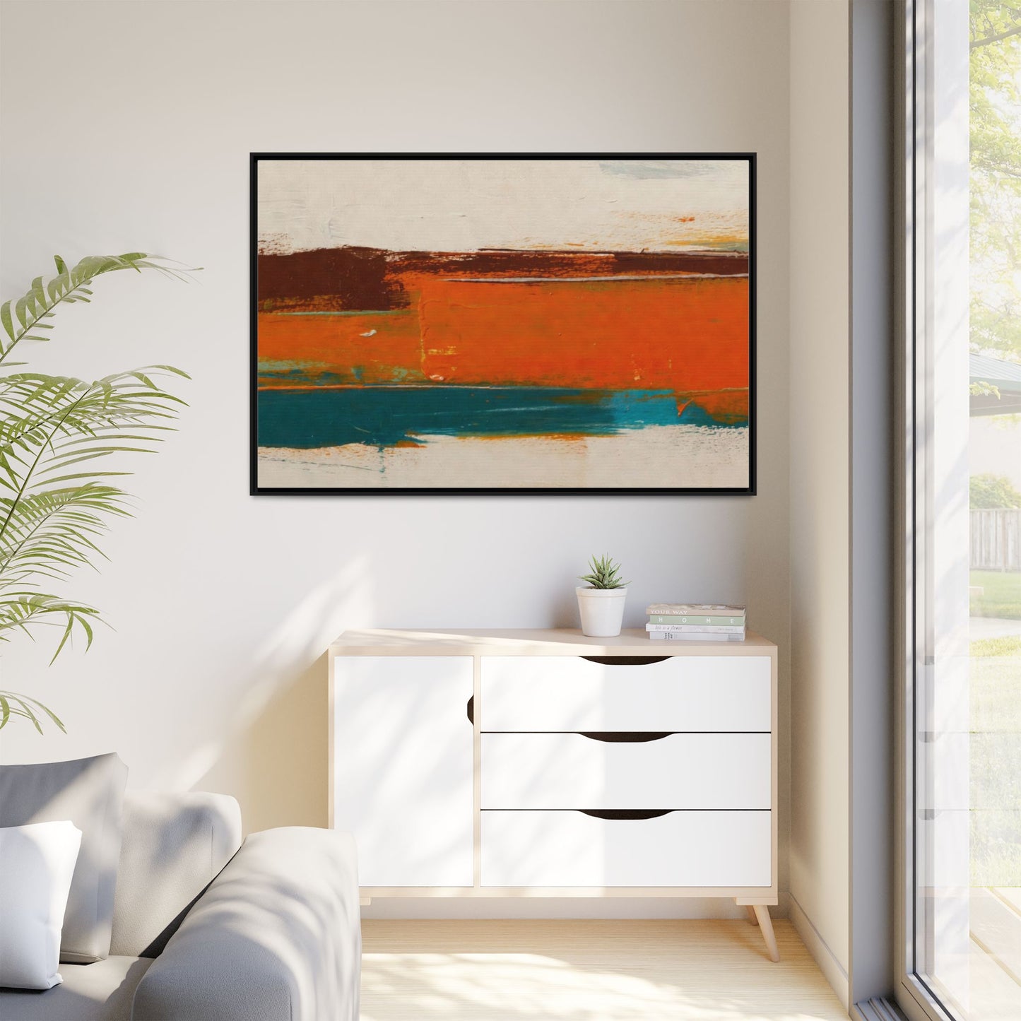 Abstract Horizon Matte Canvas Framed Print — Modern Orange Teal Wall Art