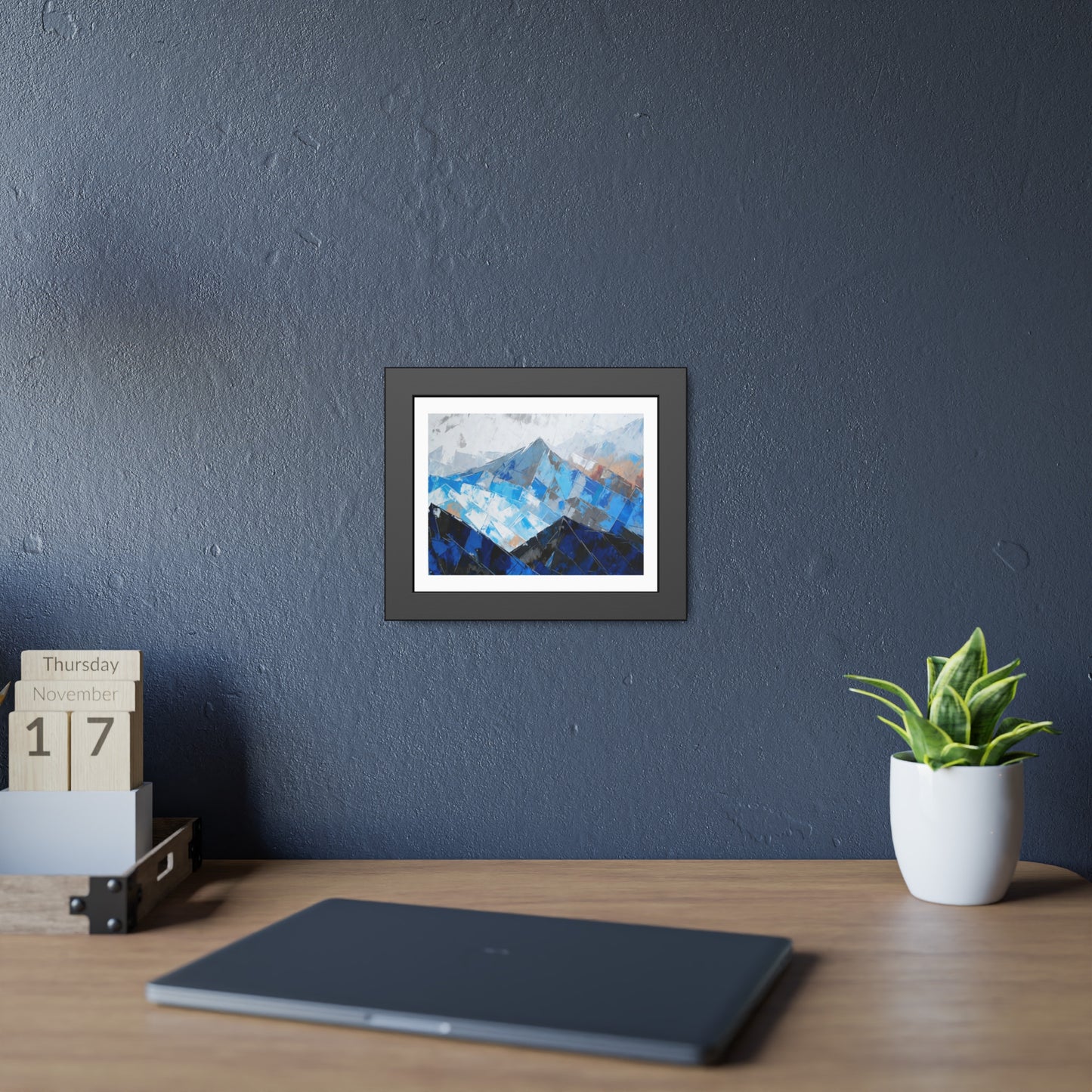 Framed Mountain Art Print — Blue Abstract Landscape Poster