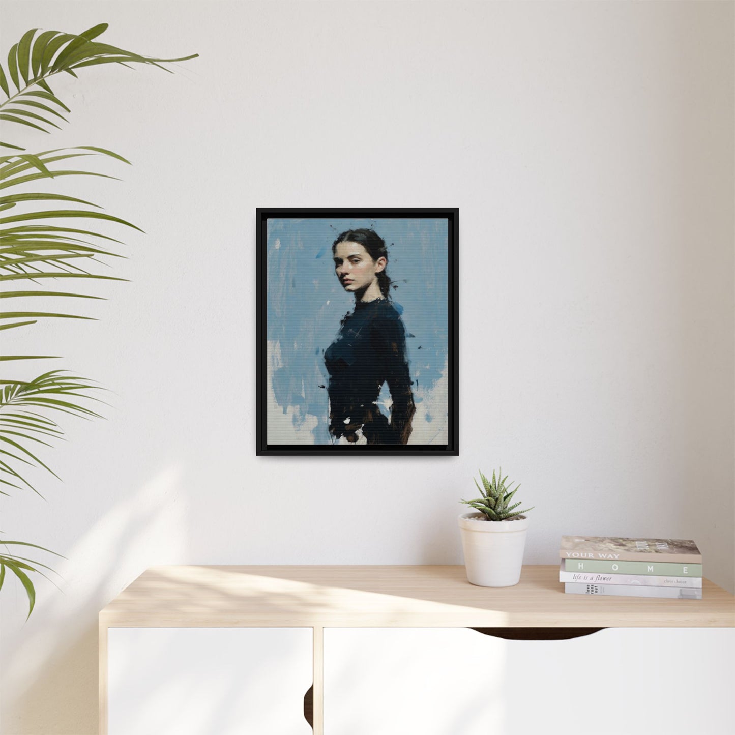 Framed Matte Canvas Portrait Print — Elegant Blue Woman Art