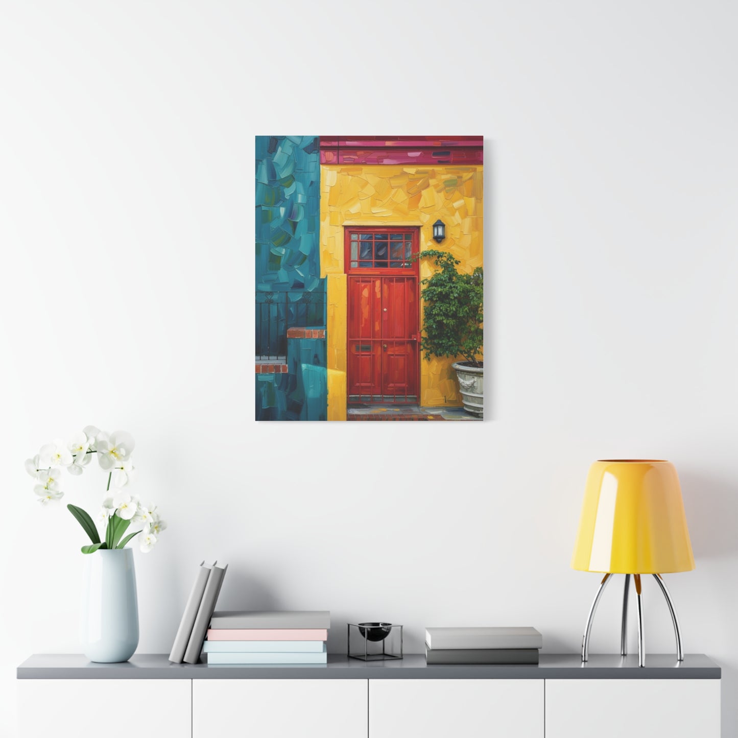 Colorful Doorway Canvas Wall Art — Vibrant Yellow & Teal Street Scene, Matte Stretched Print