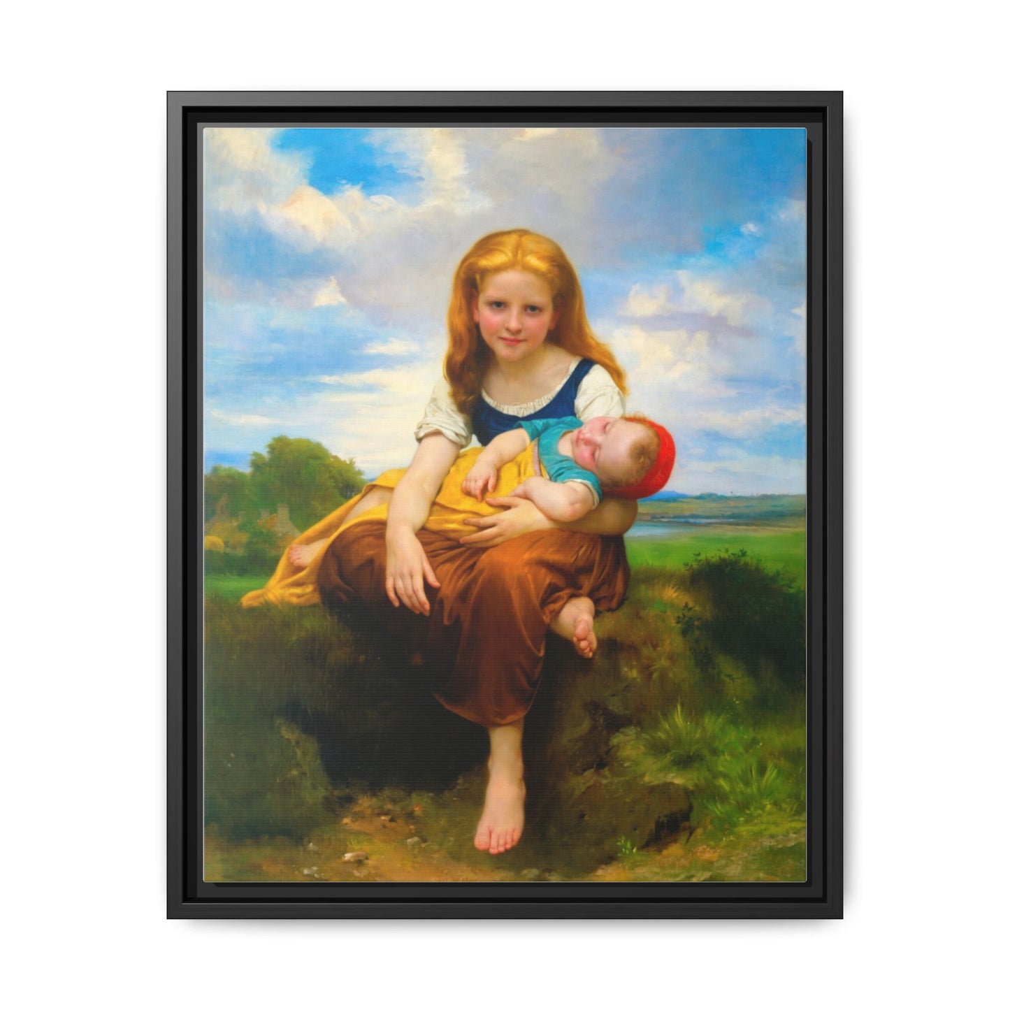 Young Girl Holding Sleeping Baby Canvas Print, Framed Wall Art