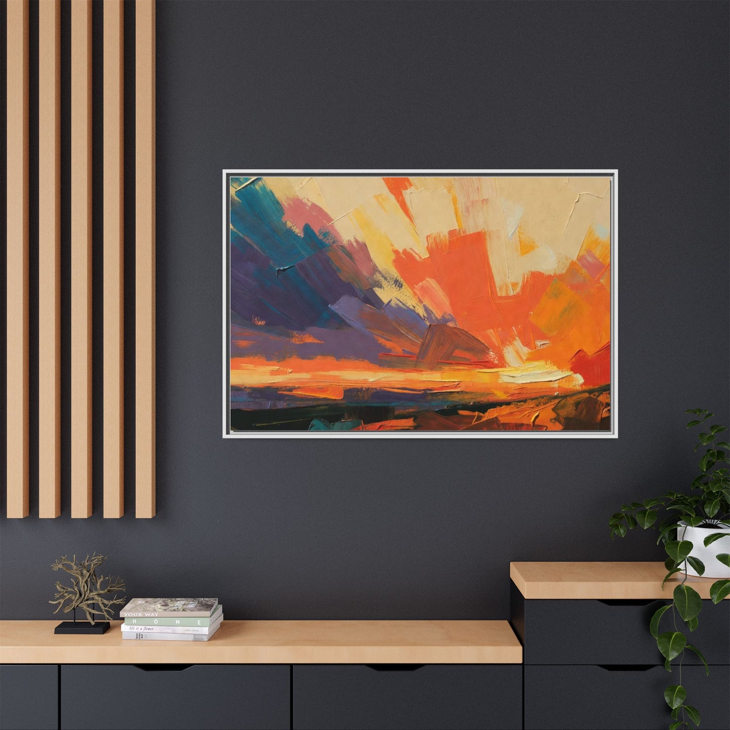 Framed Abstract Sunset Canvas Art – Multicolor Matte Wall Decor