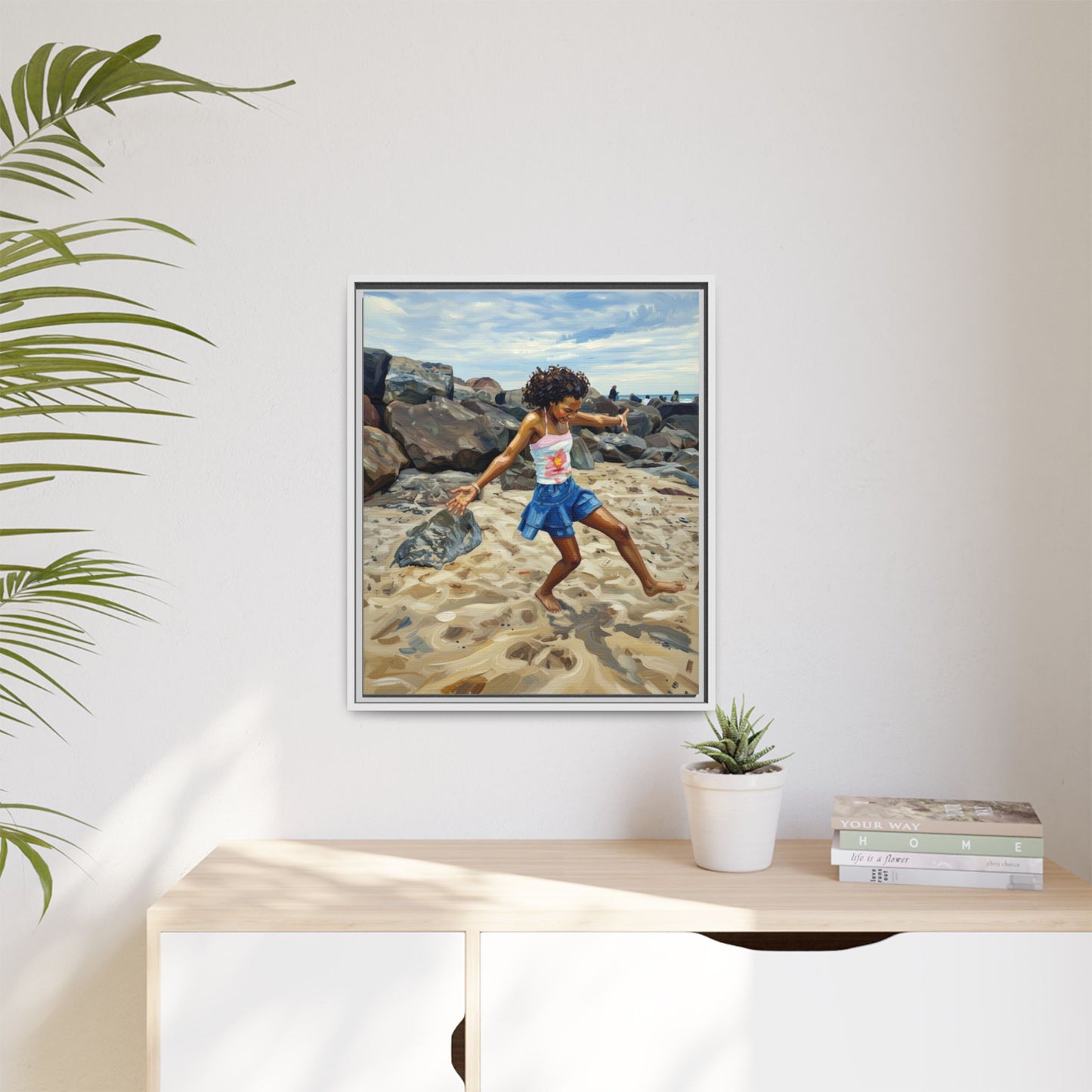 Framed Canvas Art - Girl Dancing on the Beach (Matte Multi-Color)