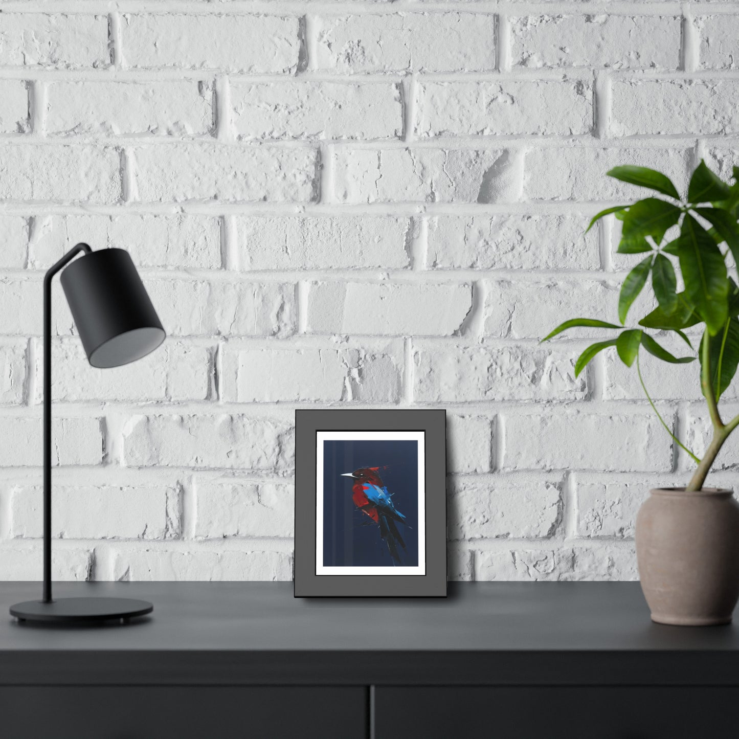 Framed Bird Art Print — Modern Red & Blue Kingfisher Poster