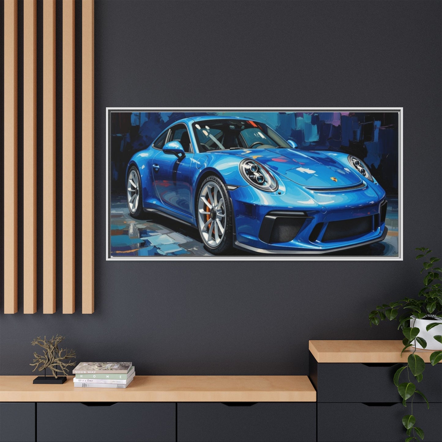 Blue Sports Car Matte Canvas Framed Print — Modern Automotive Wall Art
