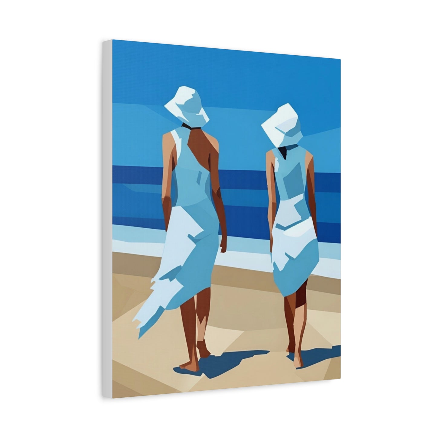 Beach Stroll Canvas Print — Two Women in Blue Sun Hats Matte Stretched