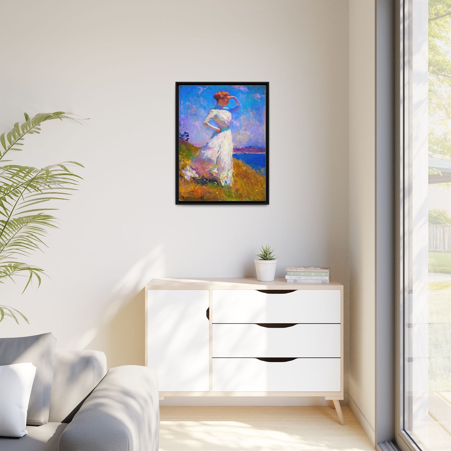 Framed Matte Canvas Art - Woman in White Seaside Impressionist Print