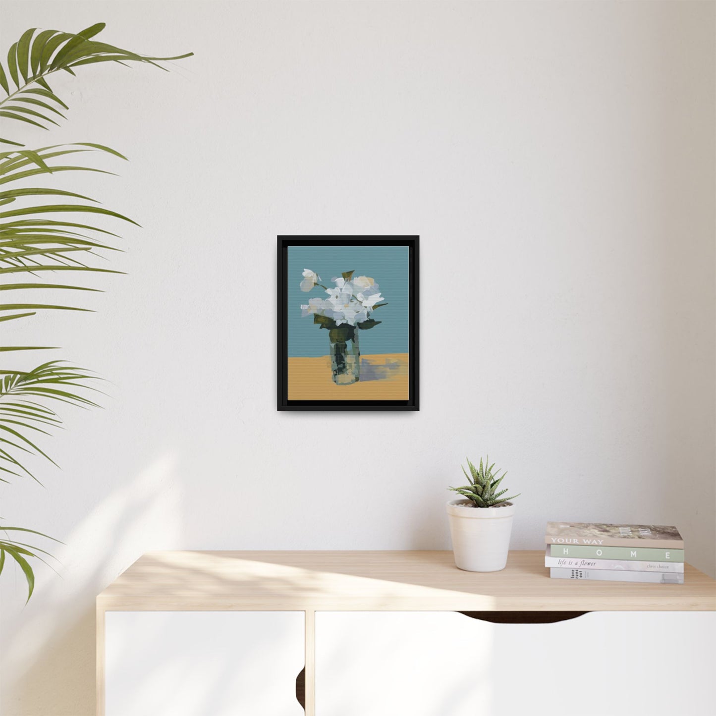 Framed Floral Still Life Canvas Art — Modern White Bouquet Wall Art