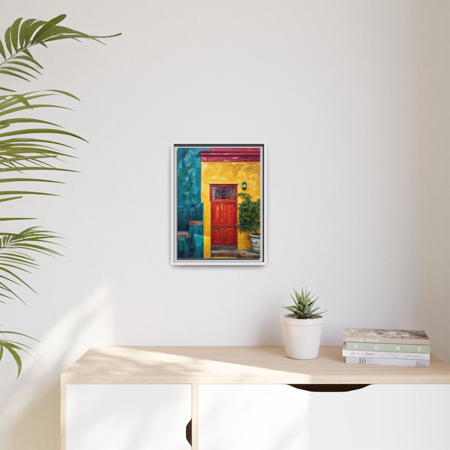 Framed Matte Canvas Wall Art — Colorful Red Door on Yellow Facade