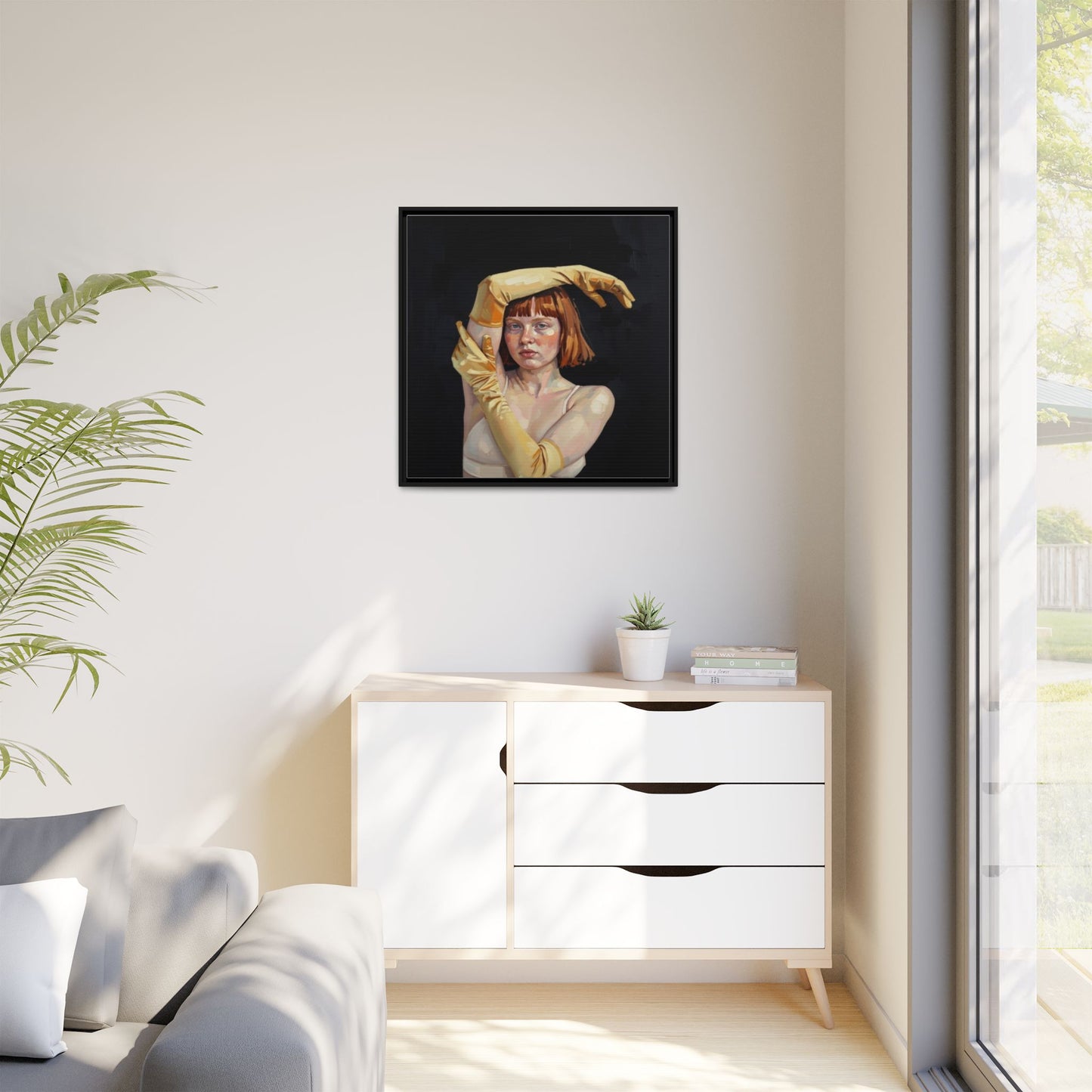 Framed Matte Canvas Art – Portrait of Woman in Yellow Gloves
