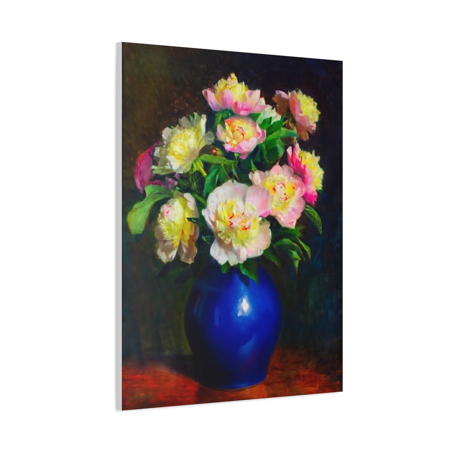 Peony Bouquet Canvas Print — Pink Peonies in Blue Vase, Stretched Matte Wall Art