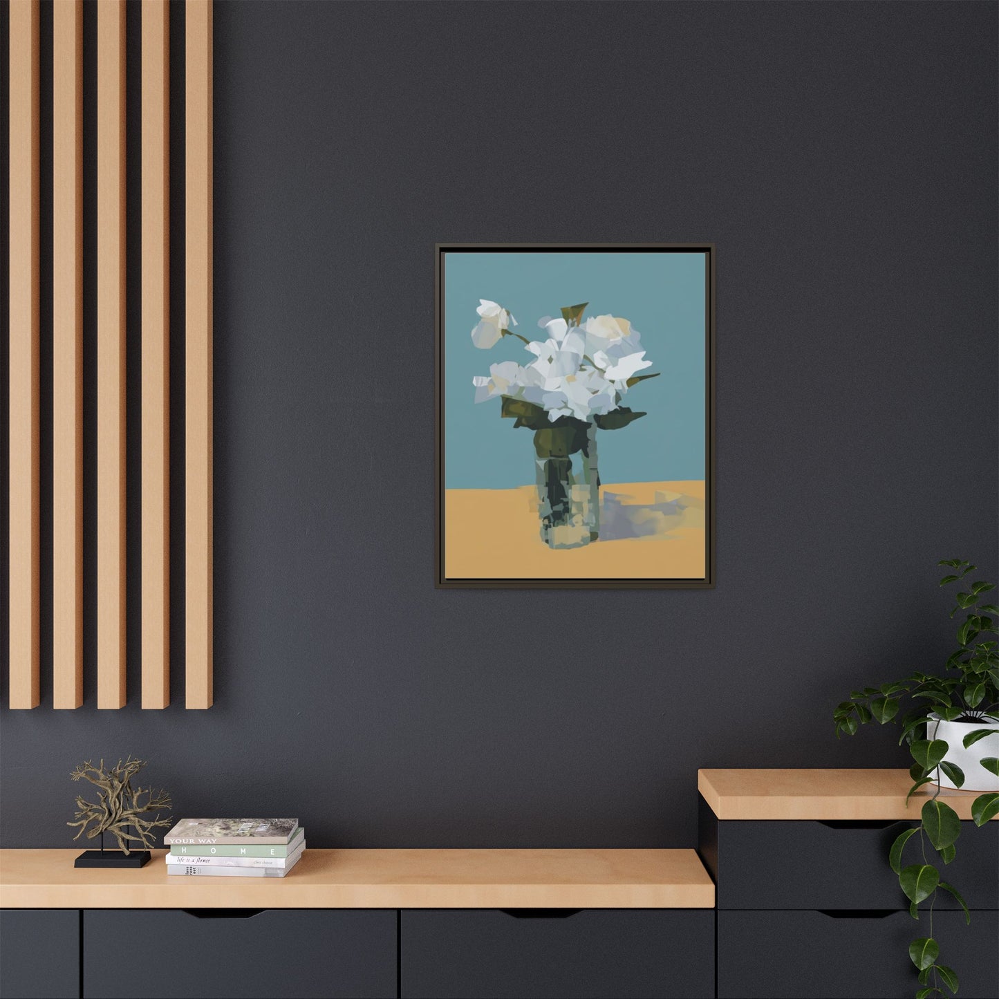 Framed Floral Still Life Canvas Art — Modern White Bouquet Wall Art